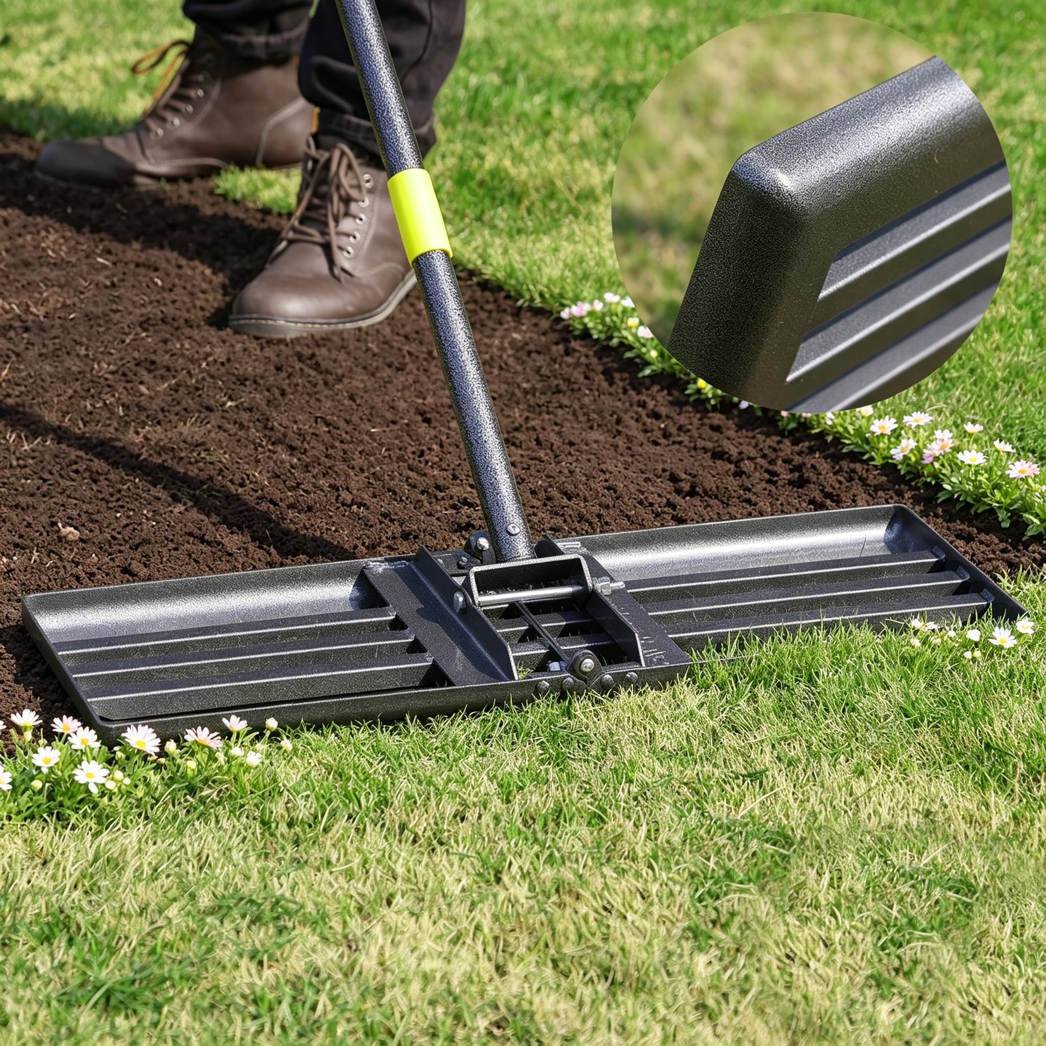 Lawn Leveling Rake Heavy Duty, 30"x10" Large Ground Plate Leveler Tool, Anti Flipping Smooth Edge Pull Behind Garden Landscape Rake for Soil Sand Dirt Yard Top Dressing, Long Handle 65 Inch