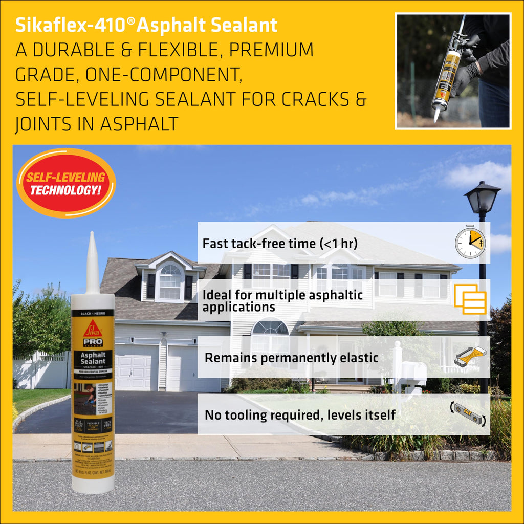 SIKA Sikaflex-410 Asphalt Sealant, Black, Self-Leveling Hybrid Sealant for Filling Cracks in Asphalt Driveways,Roadways and Pavements - 9 fl. oz. Cartridge,Fills Cracks up to 1.5 in. Wide(Pack of 12)