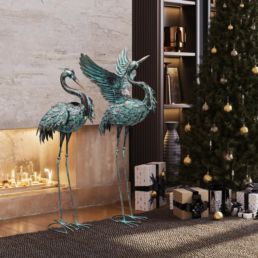 Large Garden Statues Set of 2, Metal Crane Sculptures, Bronze Heron Outdoor