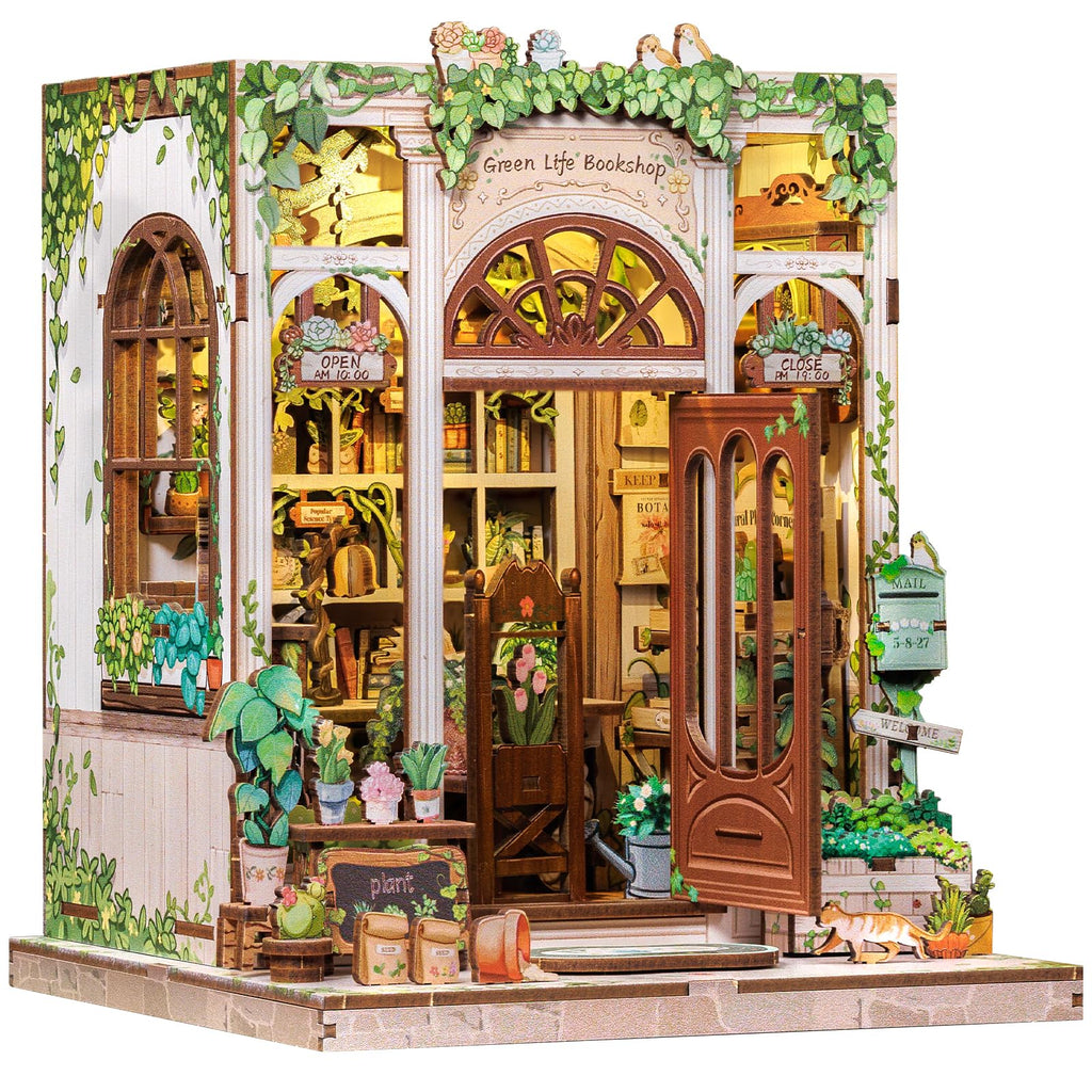 CUTEBEE Book Nook Kit - DIY Miniature House Dollhouse Kit for Adults and Teens, Booknook Tiny House Bookshelf 3D Wooden Puzzle, Gifts for Family (Green Life Bookshop)