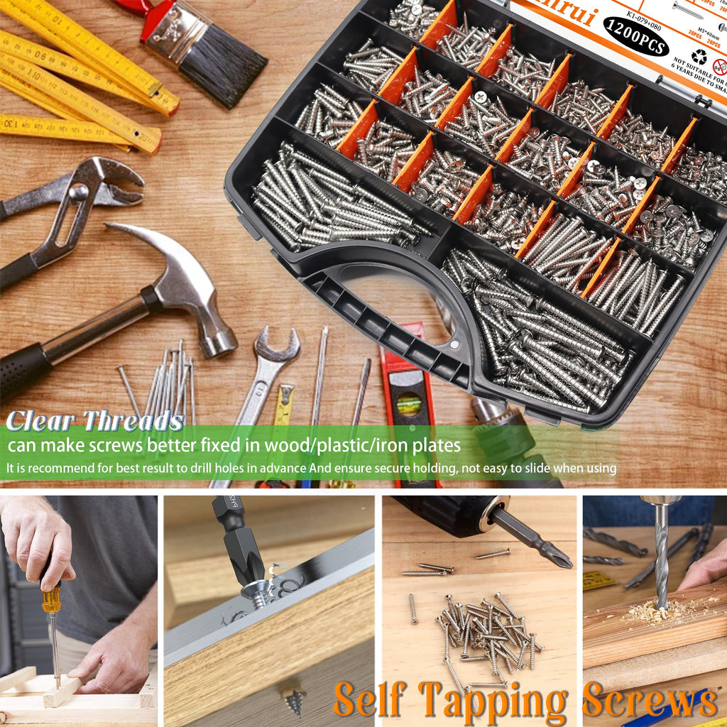 Dianrui 1200 PCS Wood Screws Assortment Kit, Assorted 304 Stainless Steel Screws M3/M4/M5/M6, ‌Phillips Drive Sheet Metal Self Tapping Screw Set Marine Grade (Pan & Flat Head Screw) Length 1/4" to 2"