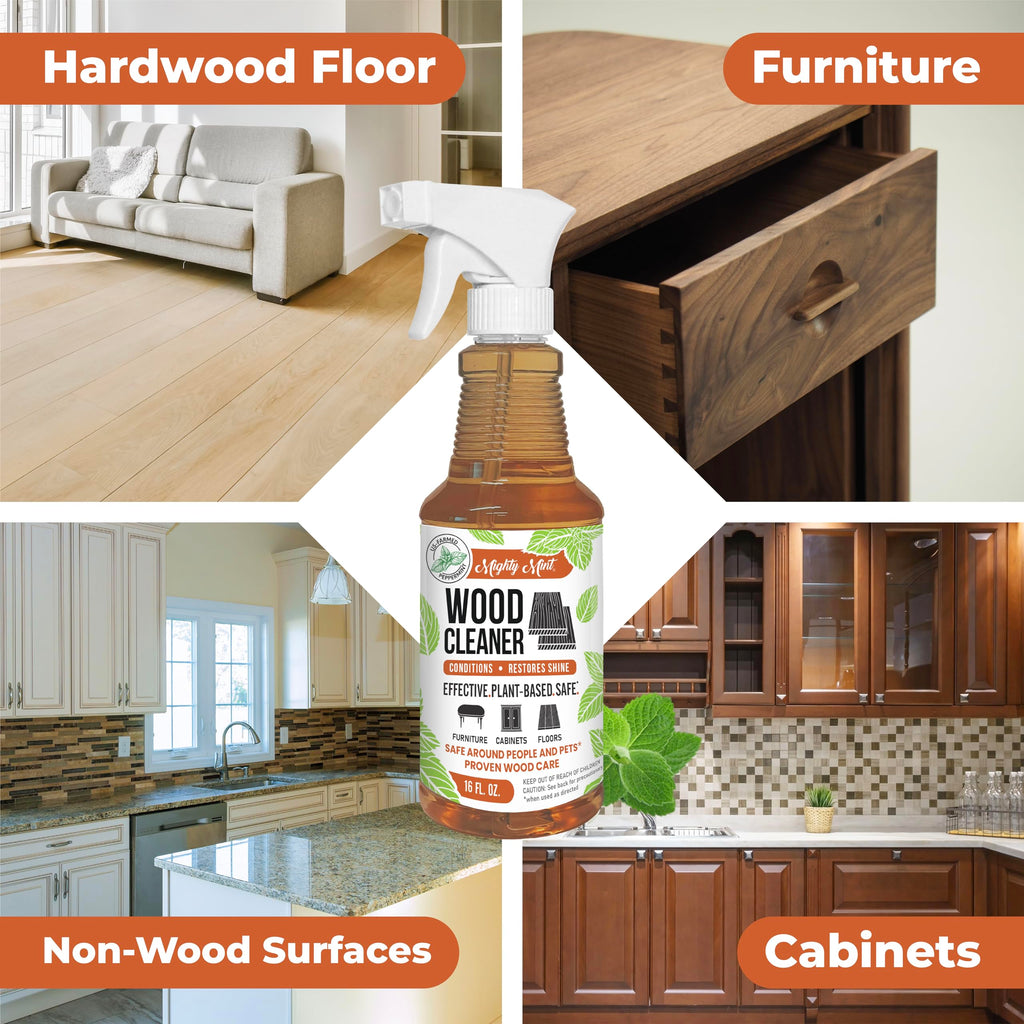Mighty Mint Wood Cleaner & Conditioner Spray – Plant-Based Formula Cleans, Polishes & Renews Wood Furniture, Cabinets & Floors – Peppermint Scent, 16 oz