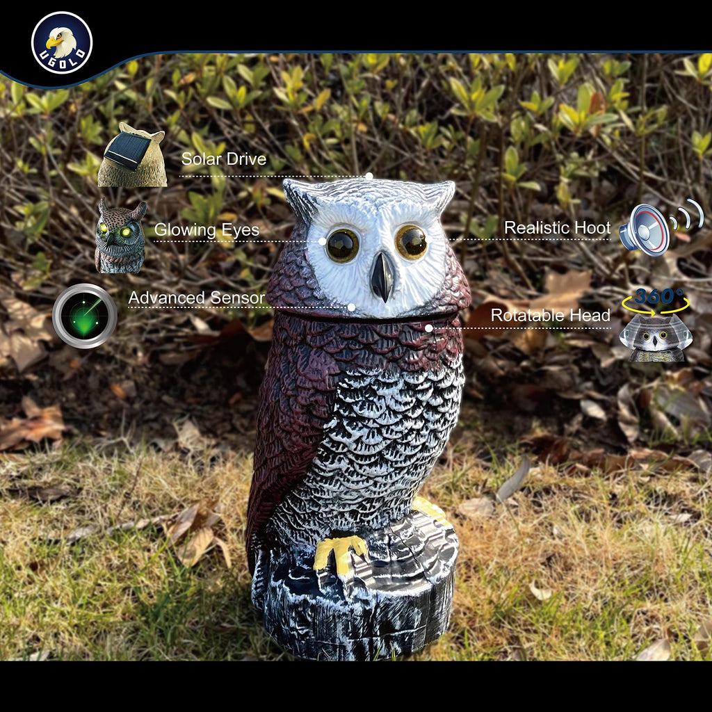 Ugold Solar Powered Garden Owl with Motion Detection, Rotating Head, Realistic Hoots and Silent Mode, Outdoor Statue and Sculpture, Owl Decoration for Home, Garden, Patio and Lawn