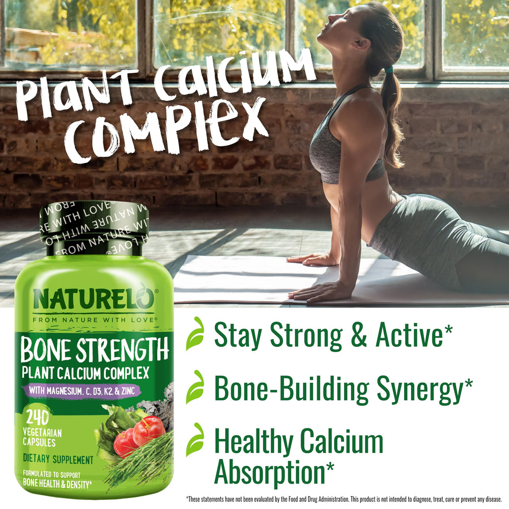 NATURELO Calcium Supplement - with Vitamin C, Vitamin D3, K2, and Calcium Magnesium Zinc for Bone Strength with Calcium 600mg - Plant-Based, 240 Vegetarian Capsules, Non-GMO, Soy & Gluten-Free