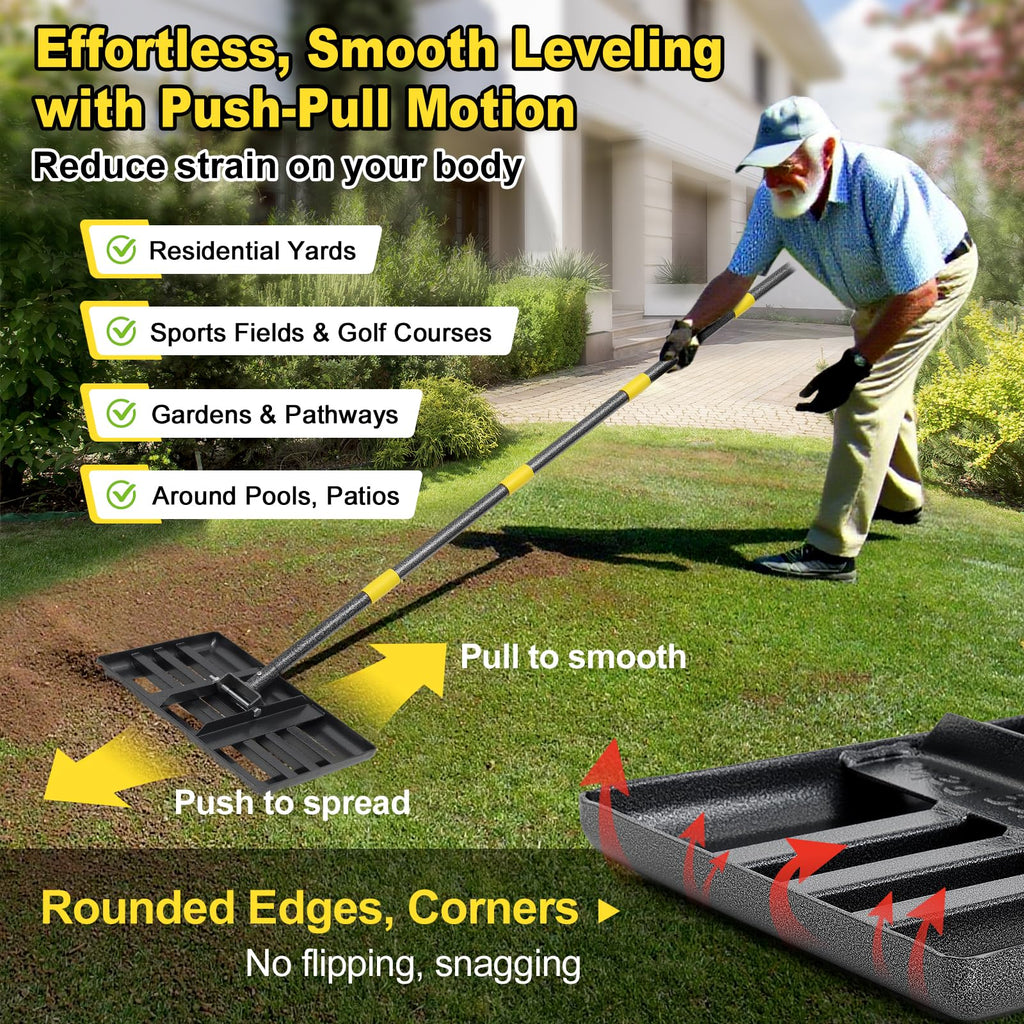 Lawn Leveling Rake: Anti Flipping 17" x 10" Stainless Steel Lawn Ground Leveler for Soil, Heavy Duty Grass Top Soil Dressing Leveling Rake, Home Lawn,Golf Field,Yard Landscaping Tool, 60” Long Handle