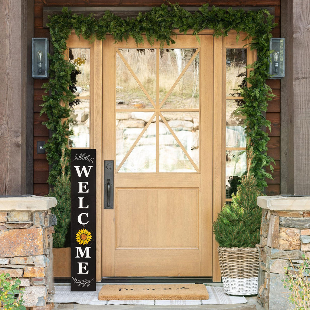 Perfnique Welcome sign for front porch standing, 47 x 7.9 Inch Wooden Leaner Sign with 10 Interchangeable Designed Icons, Seasonal Decor for Spring Easter Fall Christmas(Black)