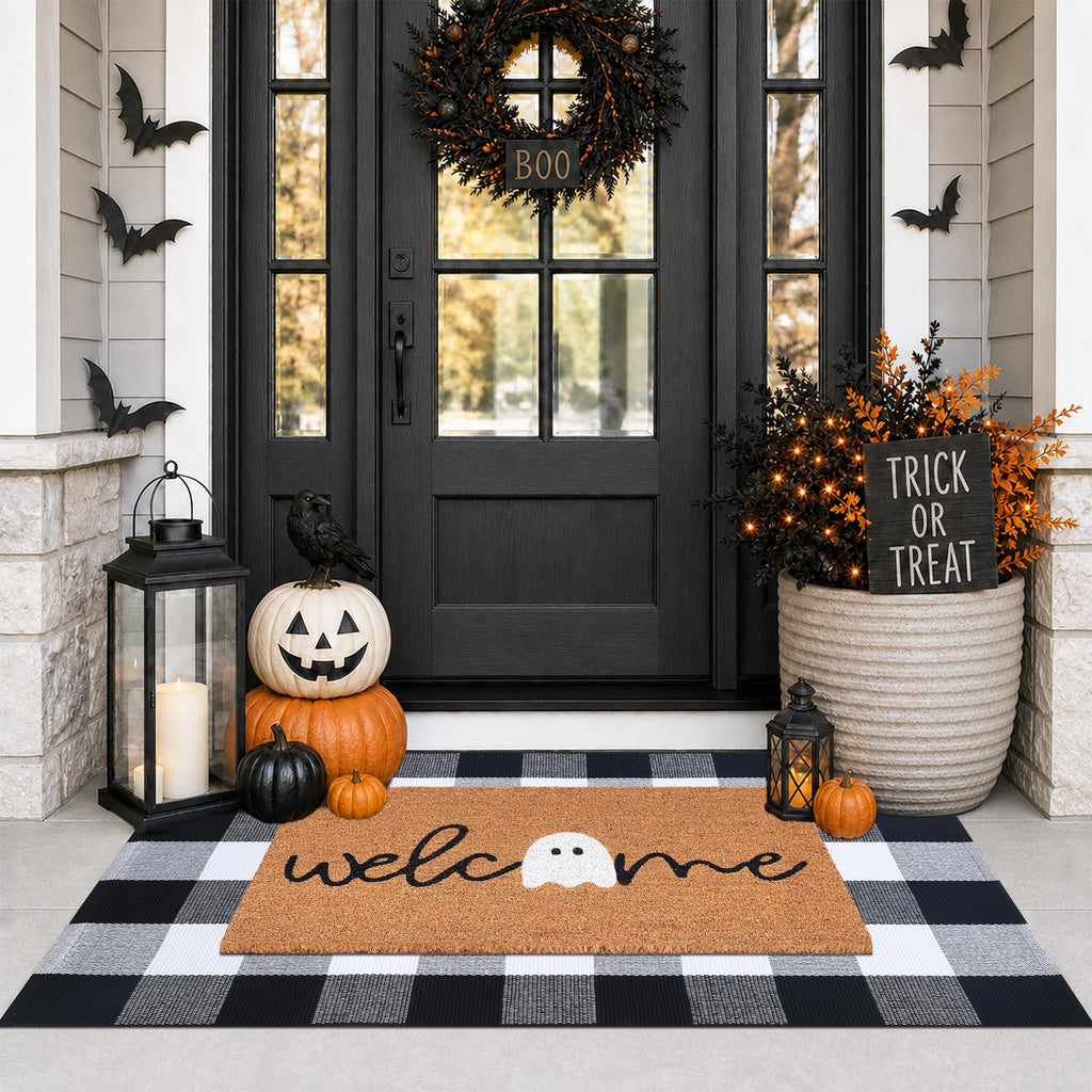Halloween Door Mat Combo Set, Welcome Ghost Coco Coir Welcome Doormat + 28" x 43" Black and White Plaid Rug, Autumn Halloween Front Porch Entryway Decor Floor Mat