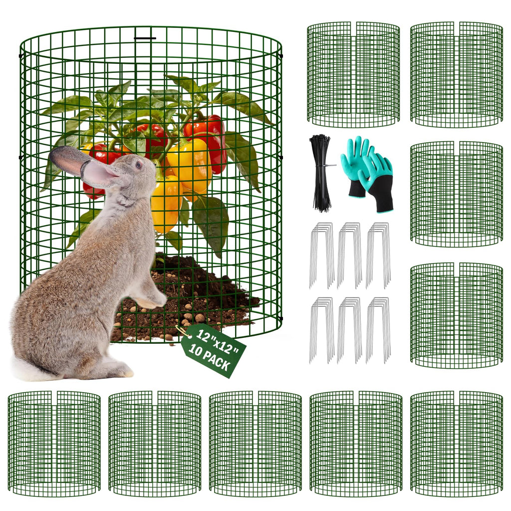 Uyittour 10 Pack Plant Protectors from Animals, 12" x 12" Round Metal Wire Garden Plant Cages to Keep Animals Out, Rabbit Proof Protection for Vegetables & Flowers with Stakes, Zip Ties & Gloves