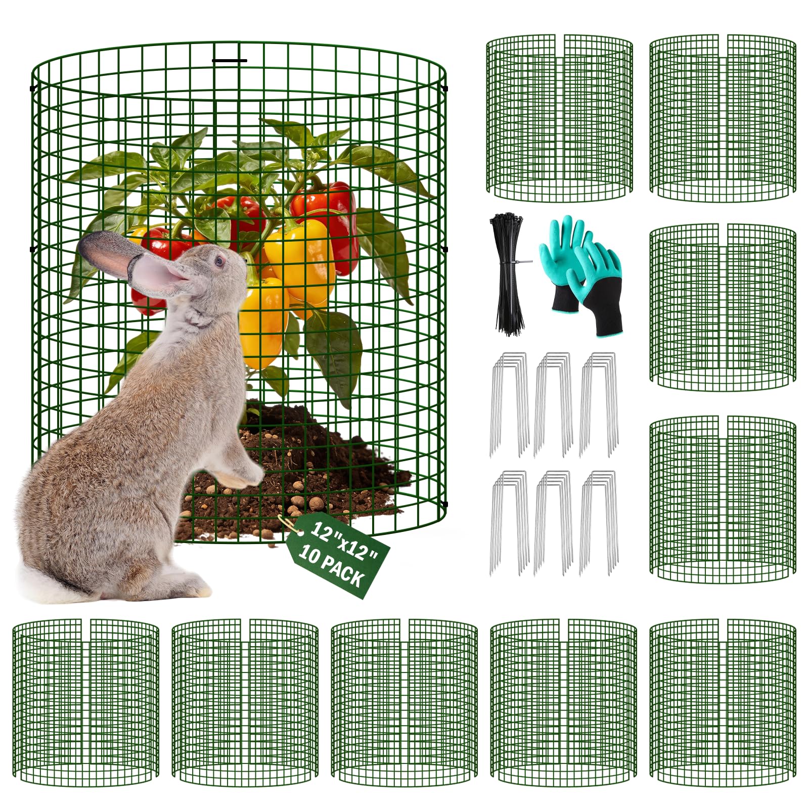 Uyittour 10 Pack Plant Protectors from Animals, 12" x 12" Round Metal Wire Garden Plant Cages to Keep Animals Out, Rabbit Proof Protection for Vegetables & Flowers with Stakes, Zip Ties & Gloves