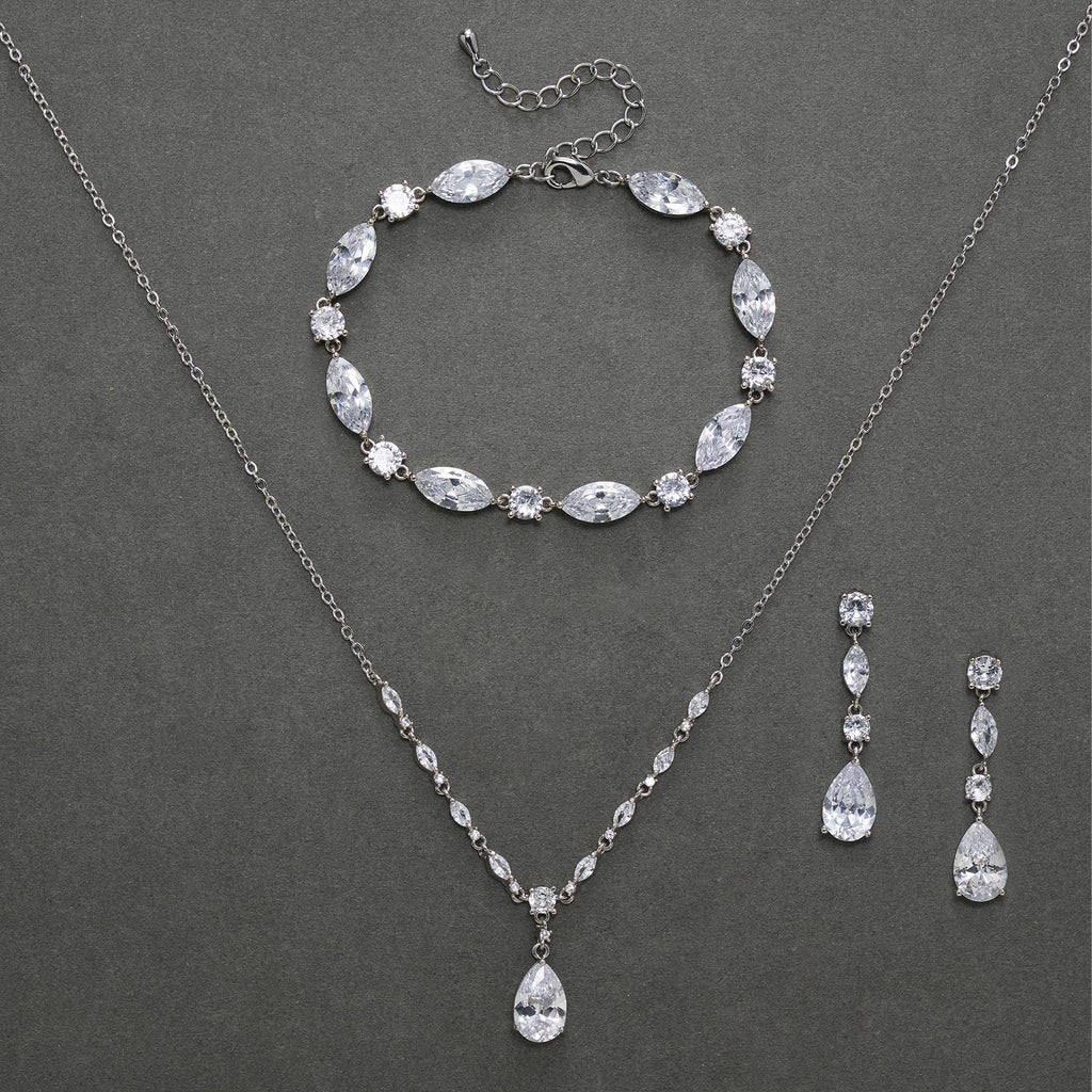 SWEETV Bridal Jewelry Set for Wedding, Cubic Zirconia Necklace Dangle Drop Earrings Bracelet Set, Teardrop Marquise Brides Bridesmaids Wedding Prom Anniversary Jewelry Gifts for Women