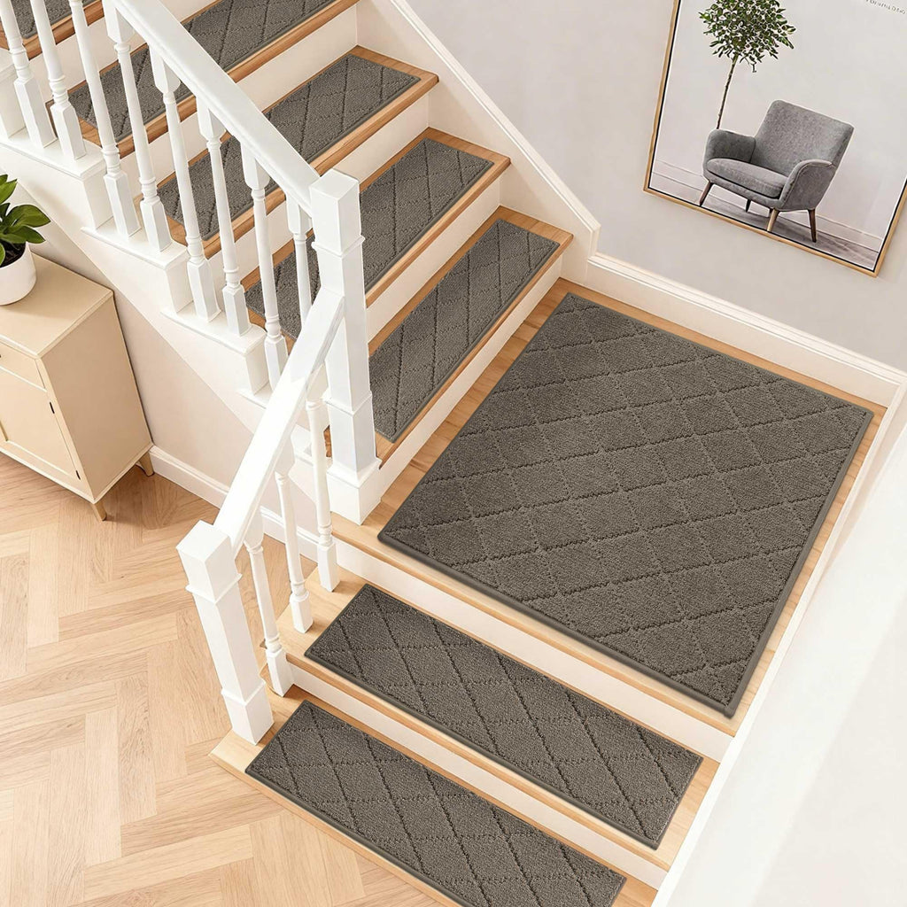 COSY HOMEER Stair Landing Rugs Non-Slip Corner Indoor Edging Stair Treads for Wooden Steps,Washable Soft Stair Landing Mat for Kids,Elder and Dogs,Polyester,TPE Backing,Light Brown,30x30inch
