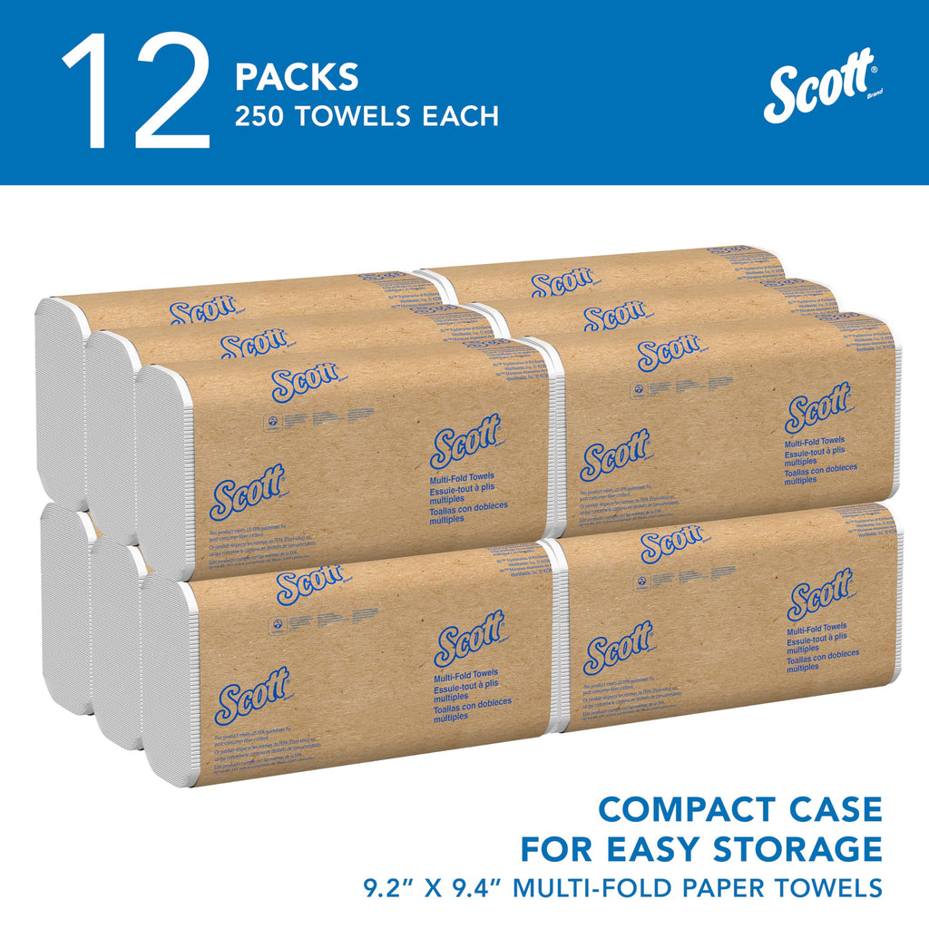 Scott® Professional Universal Multifold Paper Towels, Bulk (03650), Absorbency Pockets, 9.2" x 9.4" sheets, Plus Tier, Compressed, White (250 Sheets/Pack, 12 Packs/Case, 3,000 Sheets/Case)