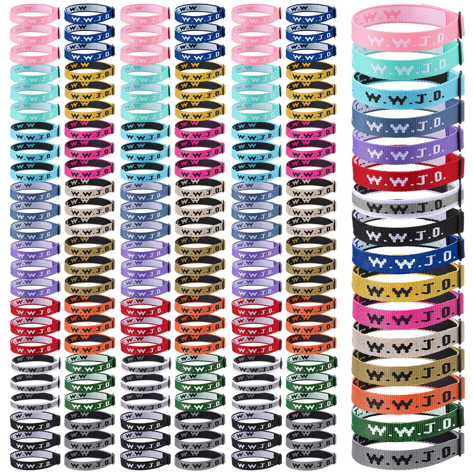 XunYee 160 Pcs WWJD Webbing Bracelets What Would Jesus Do Christian Gifts Adjustable Religious Bracelets for Church Women Men (Bright Color)