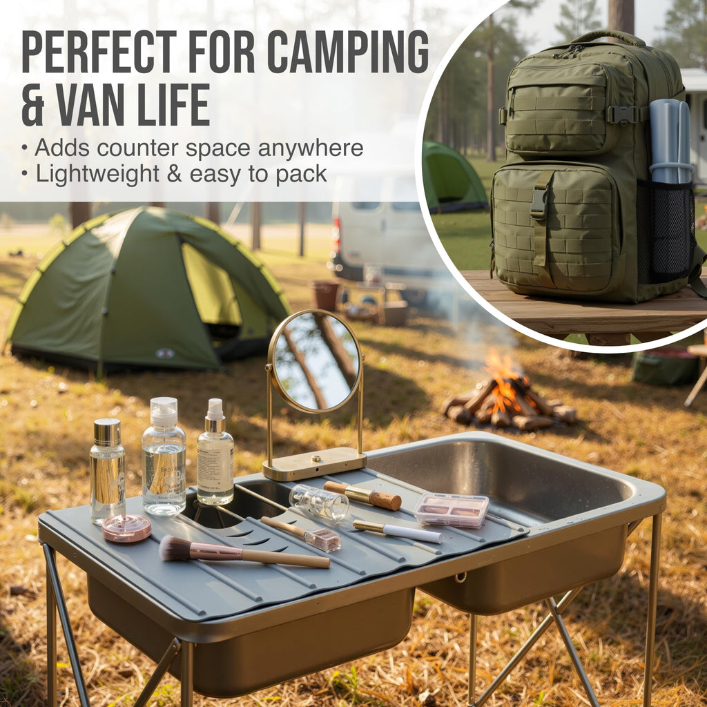 Maplefield Travel Size Bathroom Sink Cover for Counter Space - Foldable Silicone Sink Mat for Beauty Routine, Ideal for Small Bathroom, RVs, Camper Vans (Gray Small, 19.5 x 15.5 x 1.6 Inches)
