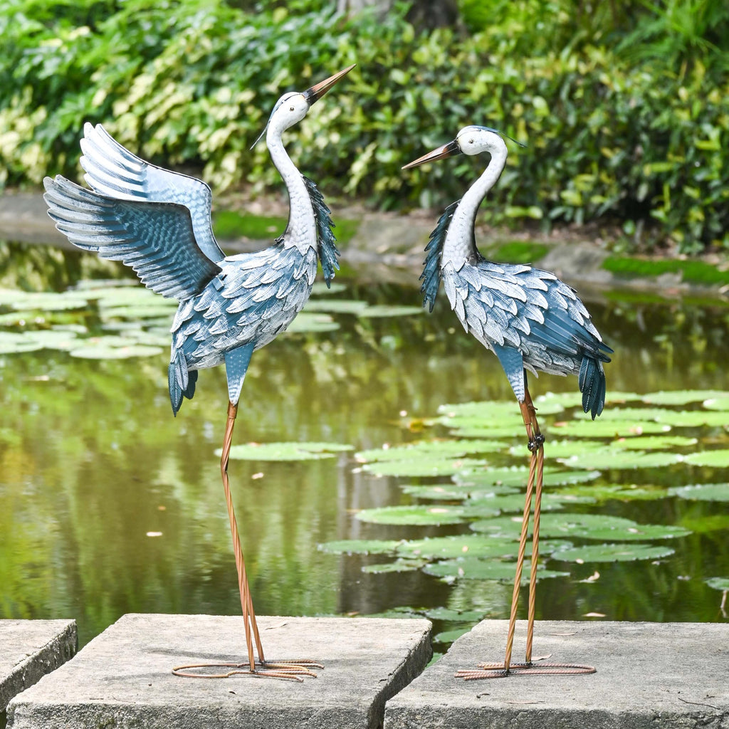 TERESA'S COLLECTIONS Garden Decor Blue Heron Metal Yard Art,38-42" Large Metal Cranes Sculptures & Statues Heron Decoy for Outdoor Indoor Decorations,Outside Patio,Pool, Lawn,Set of 2,Gift for Mom