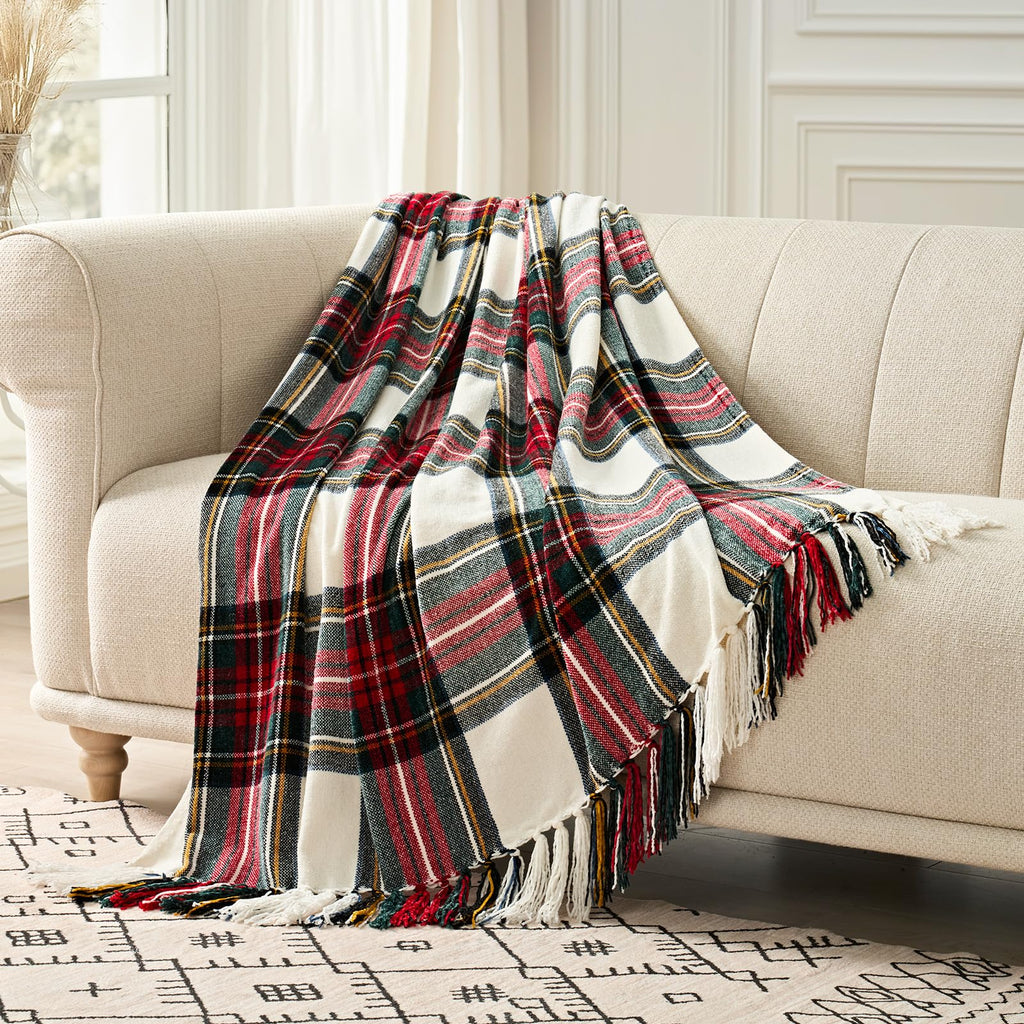 EverGrace Chenille Christmas Throw Blanket, 50"x60", White Stewart Plaid