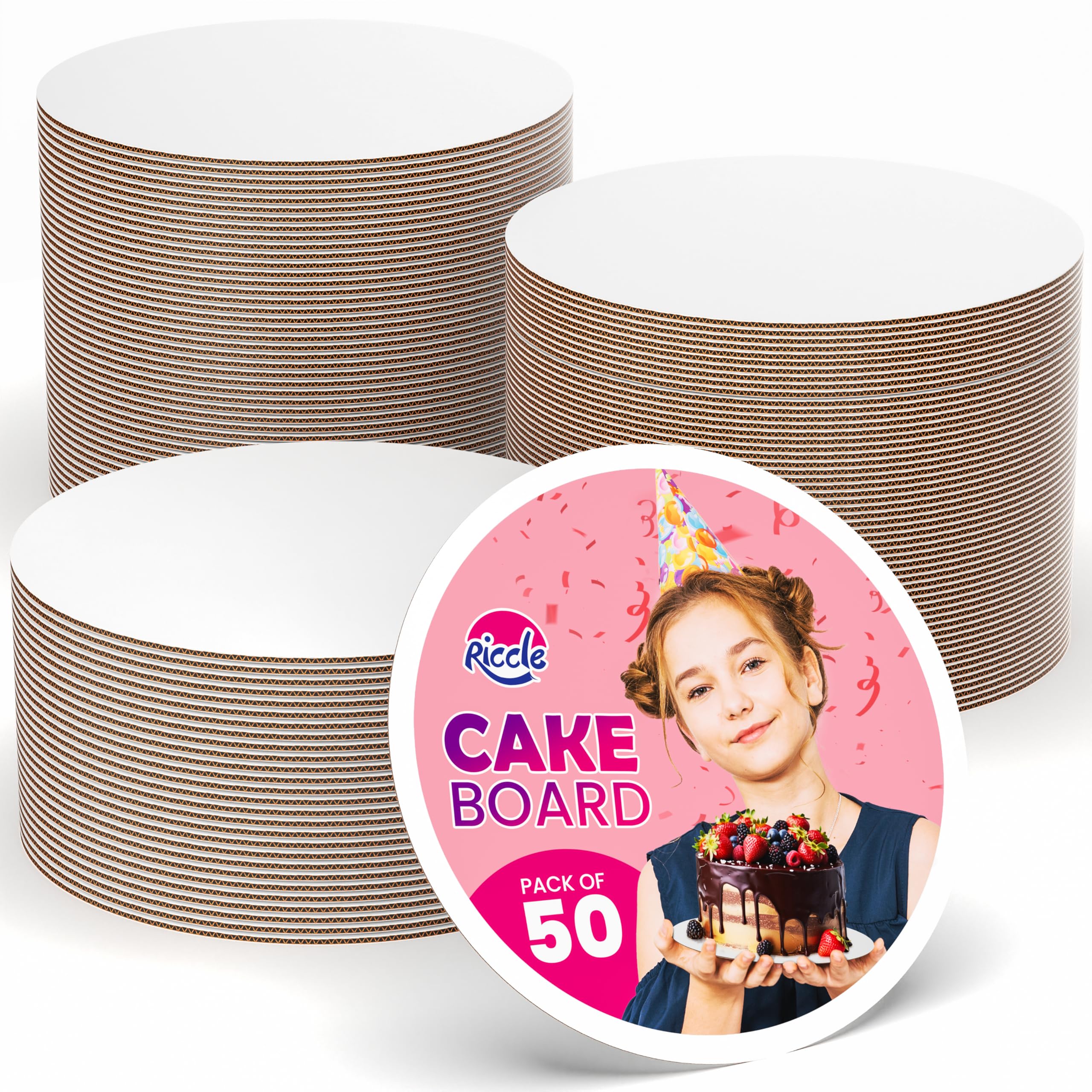 Riccle Cake Boards 10 Inch Round Pack of 50- Smooth Edged 10" Board, Disposable - Sturdy - White Cardboard Circles -Food Grade