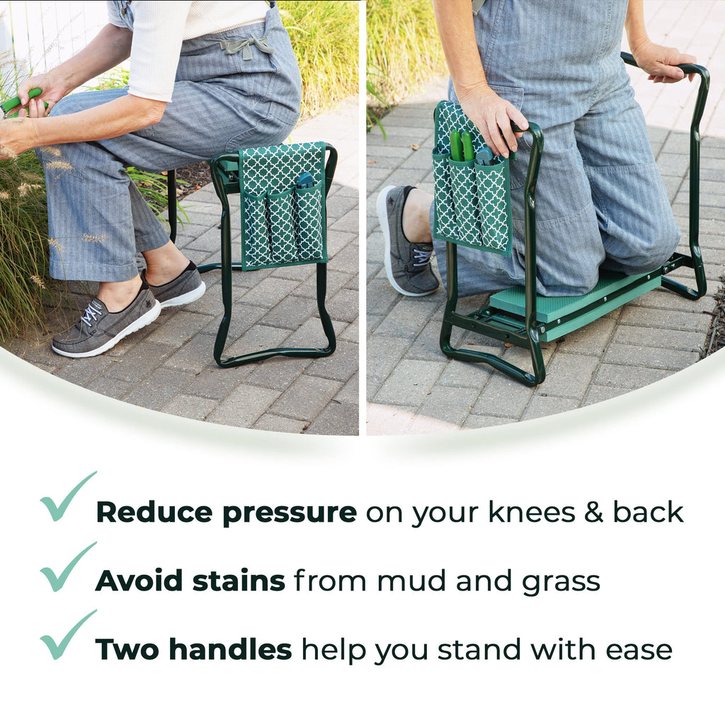 Garden Kneeler And Seat - Protects Your Knees, Clothes From Dirt & Grass Stains - Foldable Stool For Ease Of Storage - EVA Foam Pad - Sturdy and Lightweight - Bench Comes With A Free Tool Pouch!