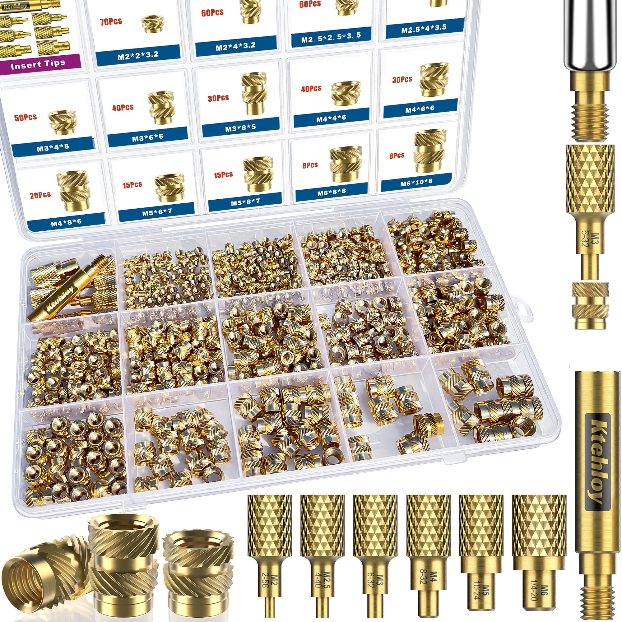 Ktehloy 513 Metric Threaded Inserts with Heat Set Insert Tips, M2 M2.5 M3 M4 M5 M6 Female Thread Knurled Nuts Assortment Kit, for Plastic and 3D Printing Components