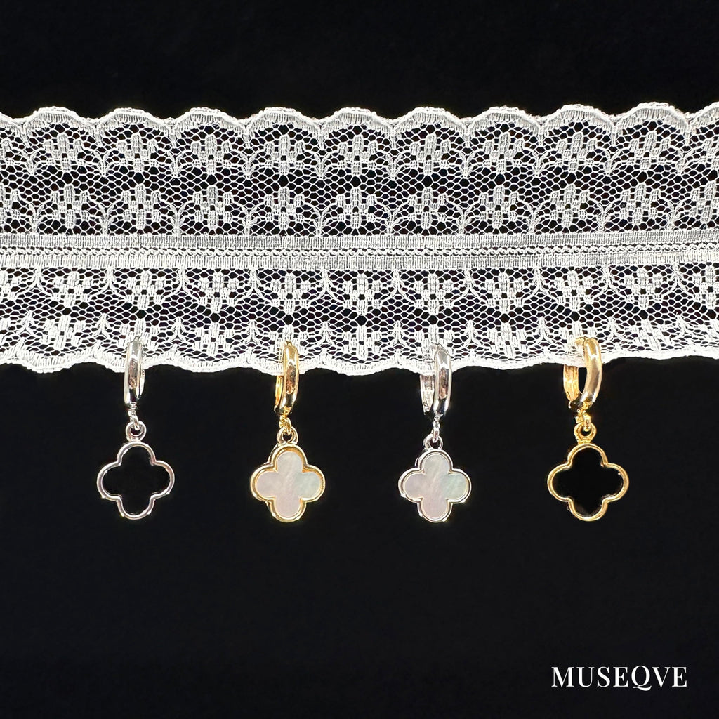 MUSEQVE White Four Leaf Clover Earrings for Women 14K Gold Plated Mother of Pearl Lucky Clover Charm Drop Dangle Huggie Hoop Jewelry Gifts [CVRE-WH-G]