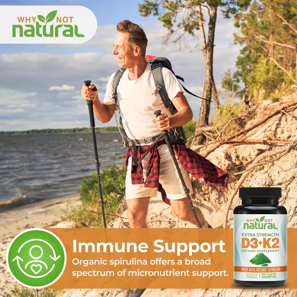 Why Not Natural Vitamin D3 K2 (MK-7) with Organic Spirulina, 10000 IU Extra Strength Supplement in Veggie Capsules, Supports Bone Health, Immune System and Mood