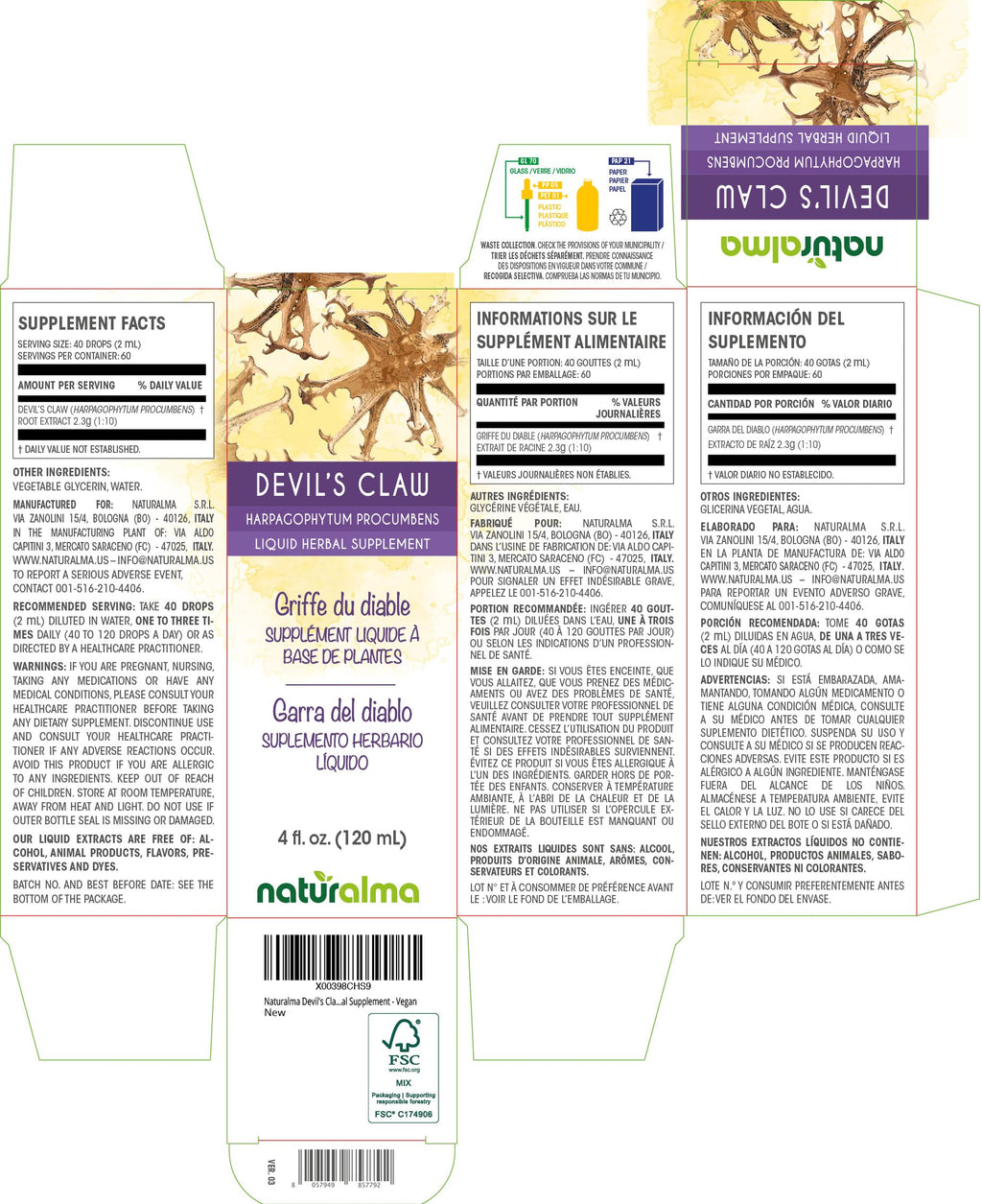 Naturalma Devil's Claw (Harpagophytum procumbens) Root Alcohol-Free Tincture - 4 fl oz Liquid Extract in Drops - Herbal Supplement - Vegan