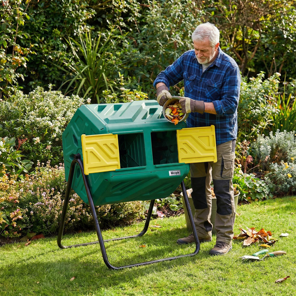 Werph 43 Gal Dual Chamber Compost Bin Tumbler for Backyard Garden, Green
