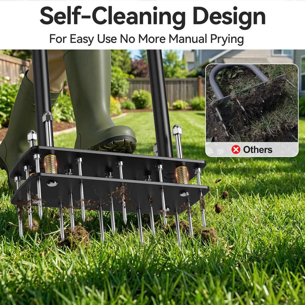 Knee-Friendly Lawn Aerator Tool, Spring Loaded Self-Cleaning Spike Aerator