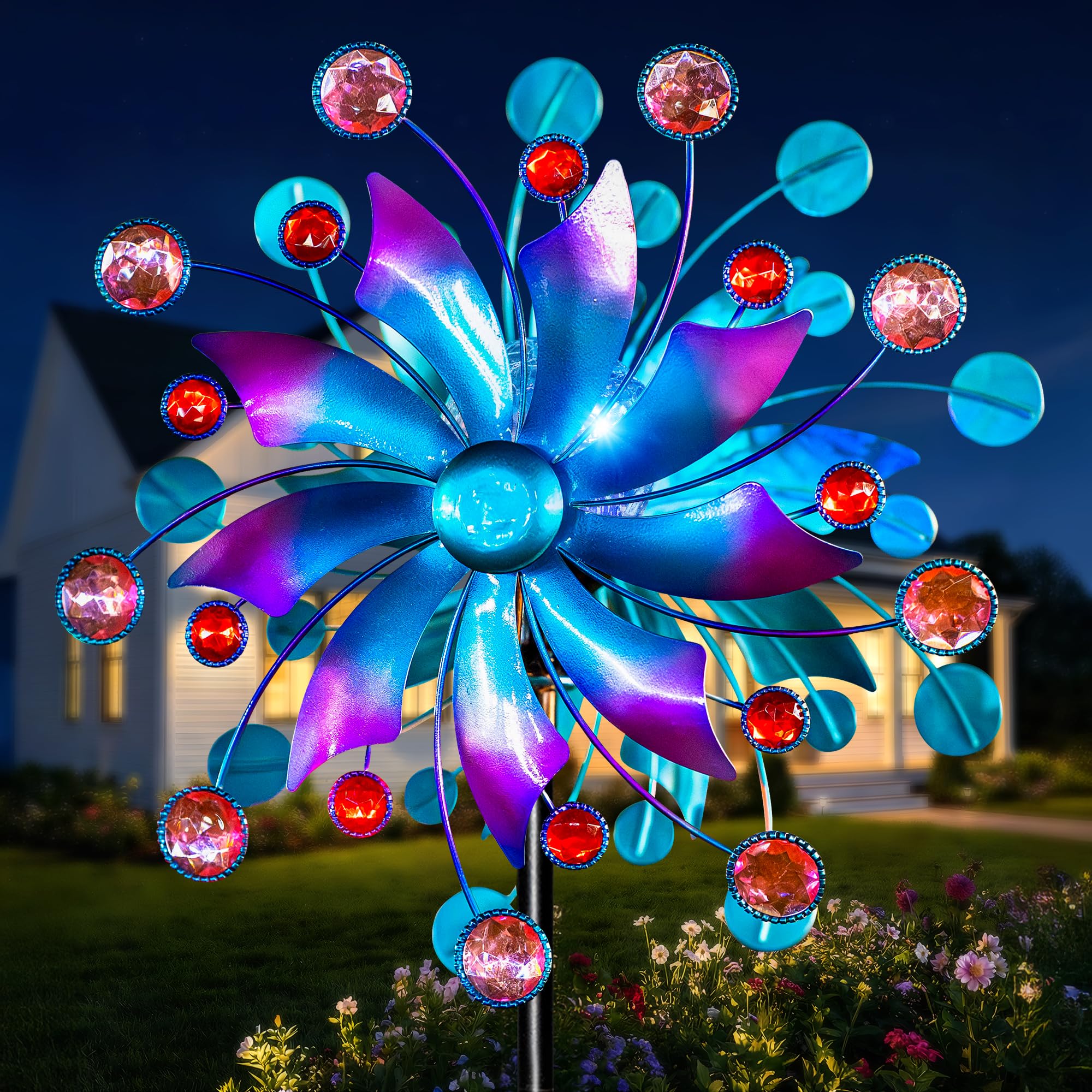 Solar Wind Spinner Outdoor - Metal Kinetic Wind Sculptures with Sparkling Jeweled Ornaments, Blue & Purple Gradient Dual-Direction Spinner, Solar LED Glass Ball Yard Art for Garden Patio Decor