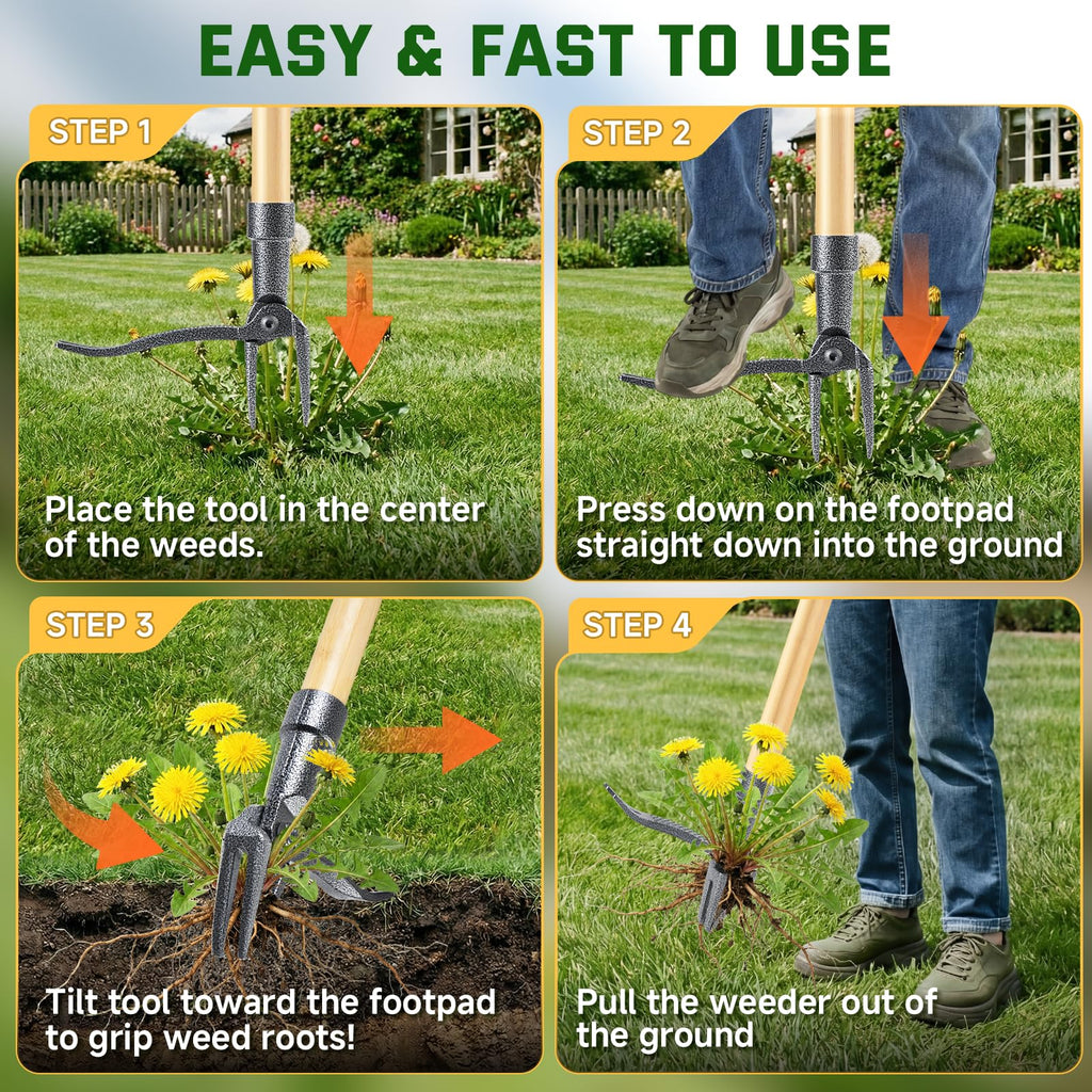 BellaJoyz Weed Puller Tool, Stand Up Heavy Duty Weed Remover Tool with Long Handle & 4-Claw Steel Head, Bamboo Garden Hand Weeding Tool - Easily Remove Weeds Without Bending, Pulling,or Kneeling