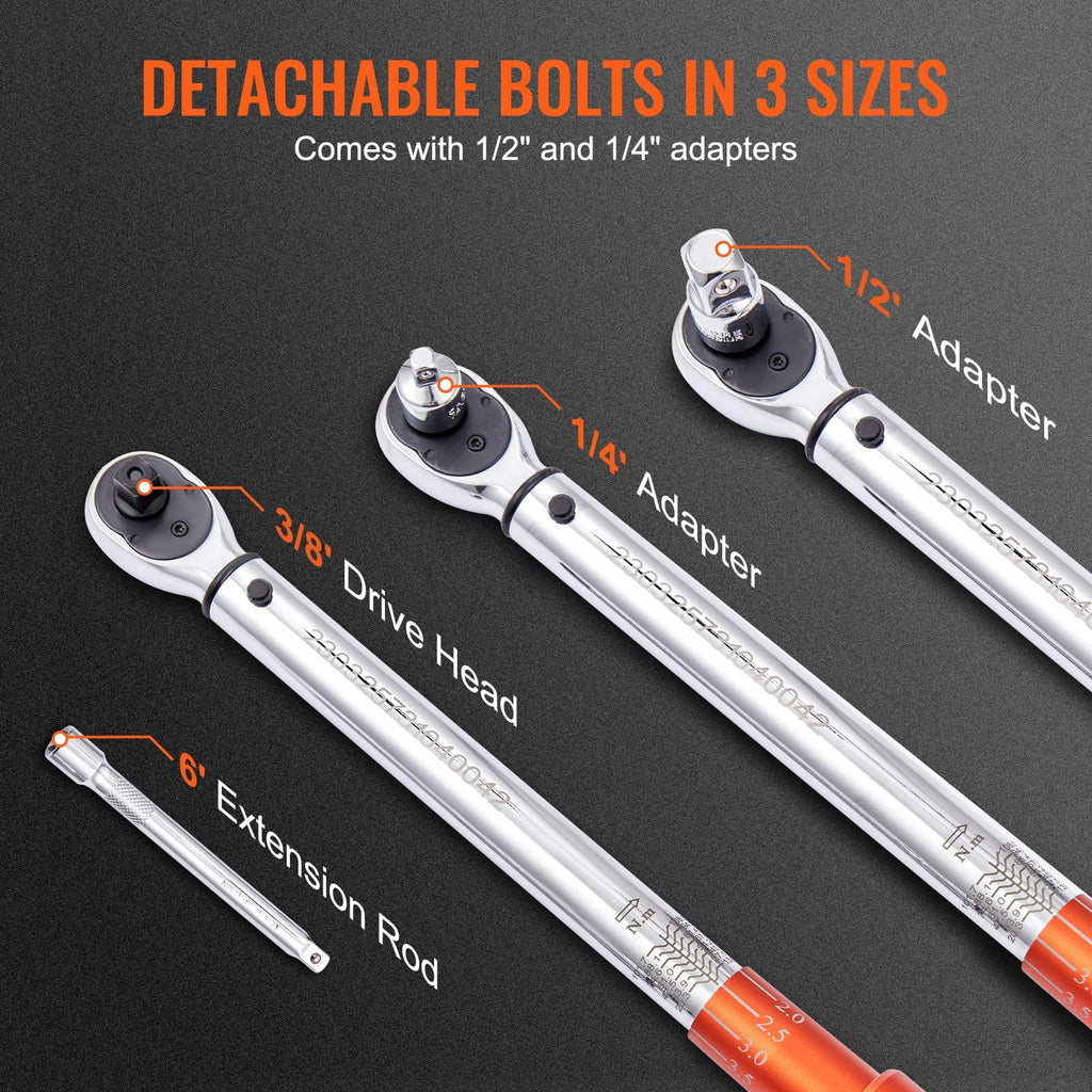 VEVOR 3/8-inch Drive Click Torque Wrench 10-80ft.lb/14-110n.m, Dual-Direction Adjustable Torque Wrench Set with Mechanical Dual Range Scales and Adapters Extension Rod