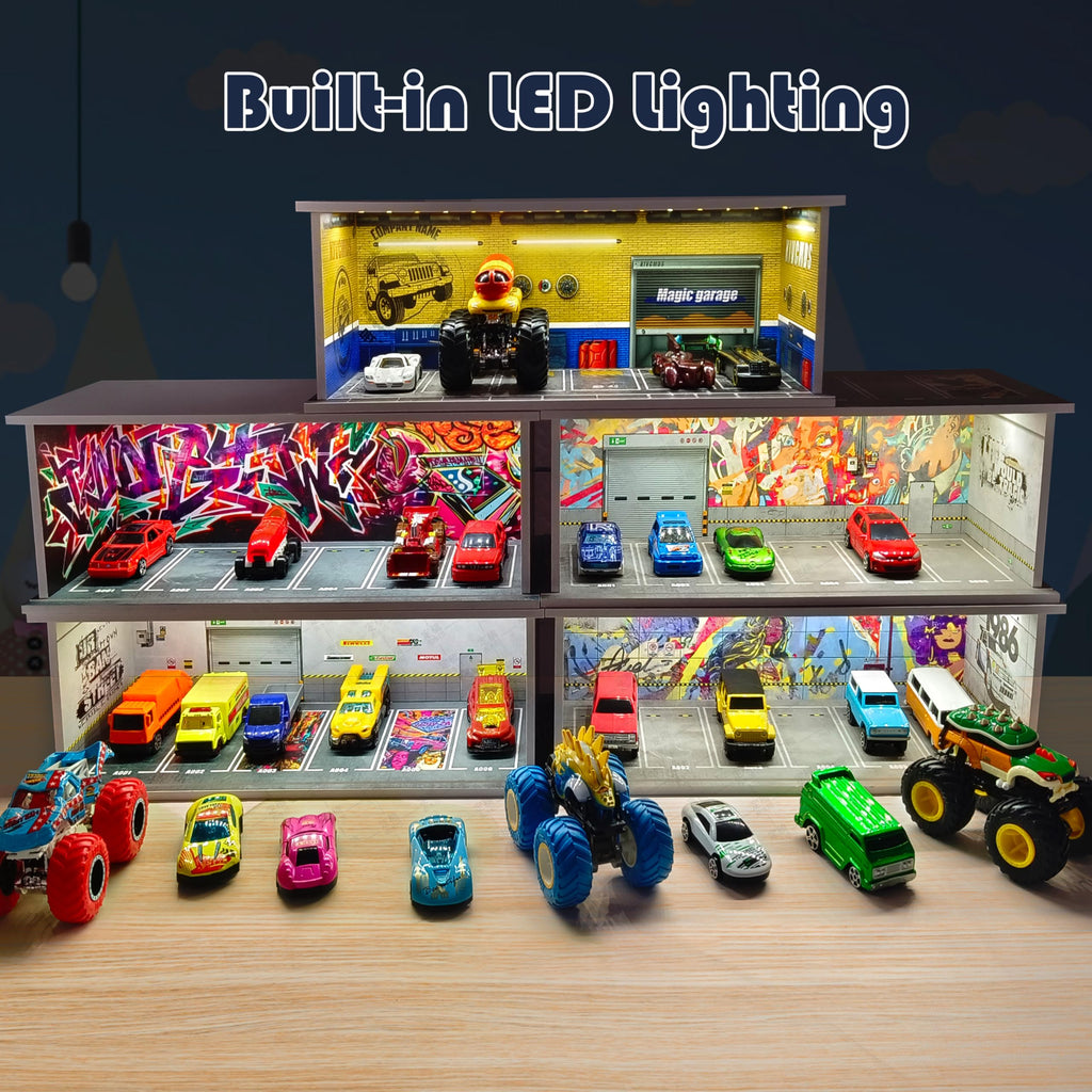 1/64 Scale Cars Display Case: Toy Car Parking Garage with LED Light Compatible with Hot Wheels, FoamBoard Storage Display for Matchbox with Acrylic Cover (Shattering World)