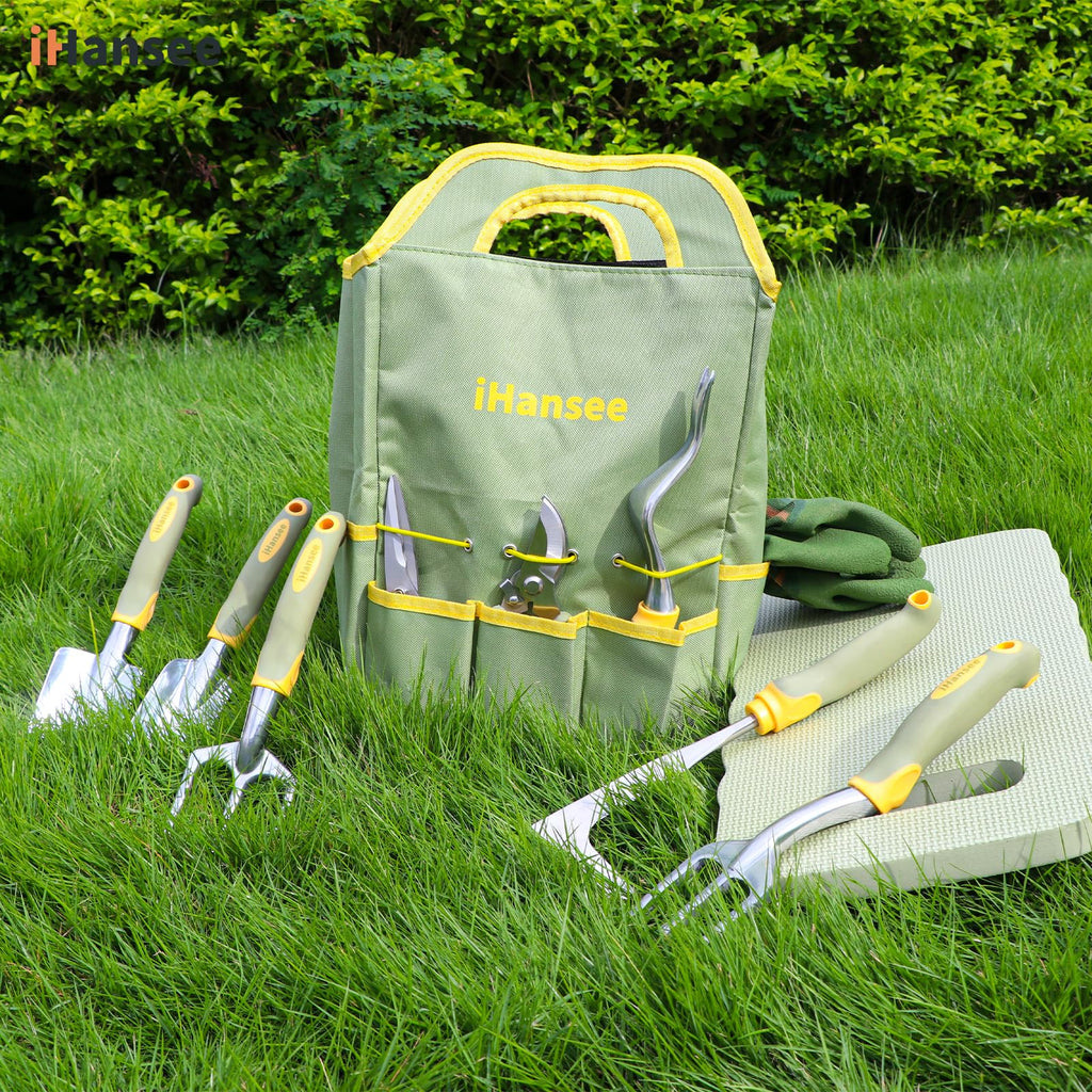 iHansee Green Garden Tools Set 12-Piece, Gardening Gifts for Women Men
