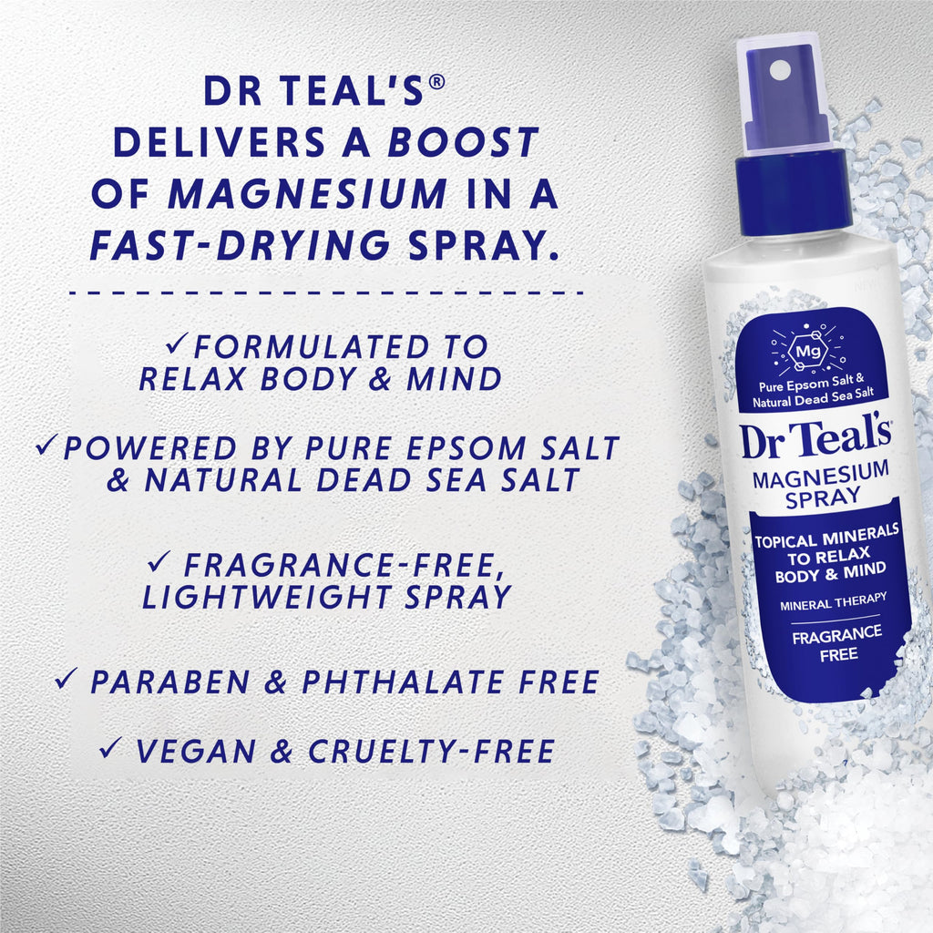 Dr Teal's Magnesium Spray with Natural Dead Sea Salt, Fragrance Free, 8 fl oz (Pack of 2)