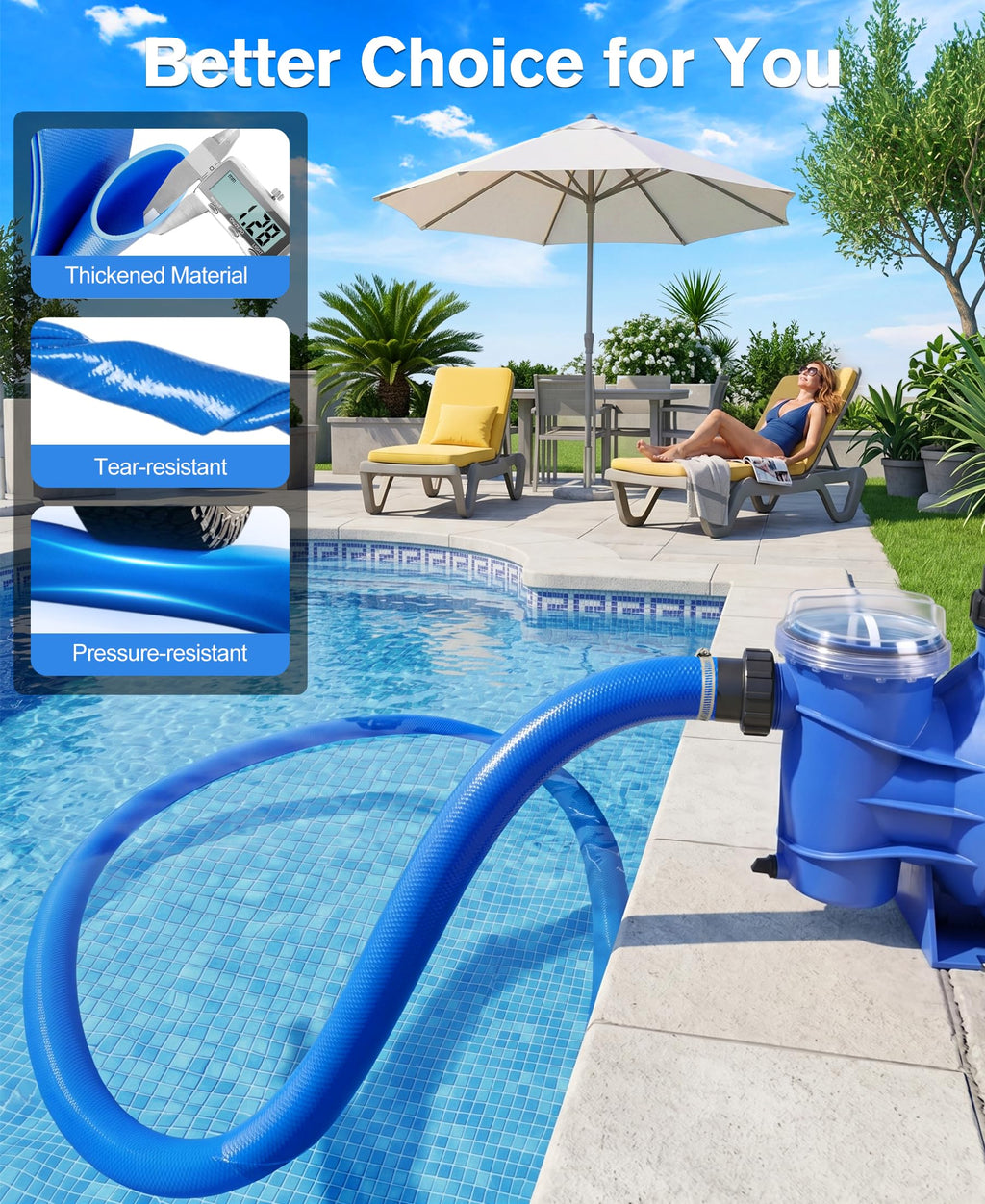 LuxBlue 2" X 65ft Pool Backwash Hose | Heavy-Duty Reinforced PVC Pool Drain Hose, UV & Burst Resistant | Flexible Lay Flat Discharge Hoses for Water Transfer, Sump Pump Drainage, with 3 Clamps