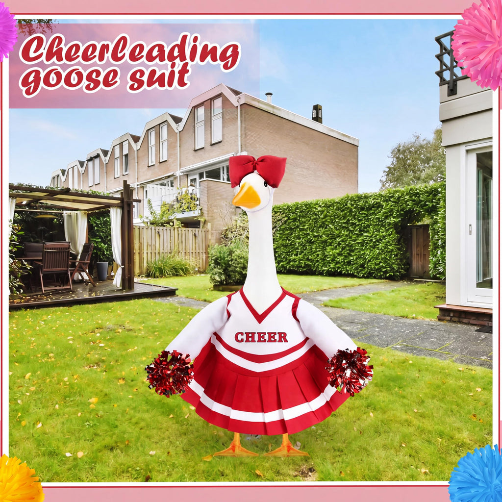 Sunnymove 2 Pcs Cheerleader Porch Goose Outfit Classroom Clothes Cheerleading Costume with Pom Poms and Bow for 23" Lawn Cement Goose Halloween Garden Yard Outdoor Classroom Decorations (Red)
