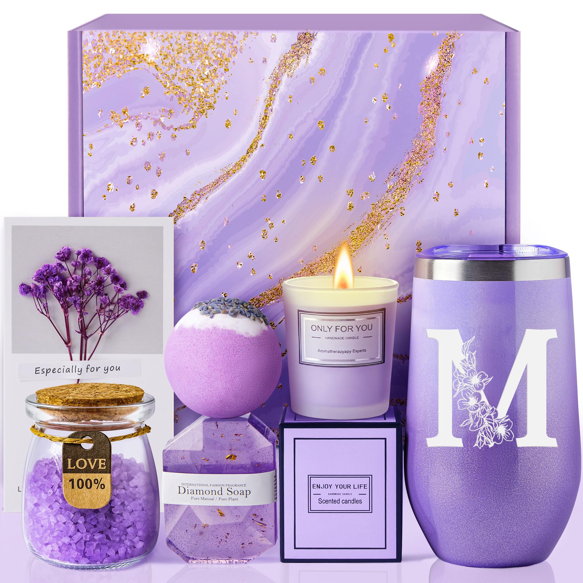 Christmas Gifts for Women Best Friend - Relaxing Lavender Spa Gift Basket, Gifts for Women Who Have Everything, Birthday, Valentine's Day, Galentines Day Gifts, Mothers Day Gifts for Mom Grandma(M)