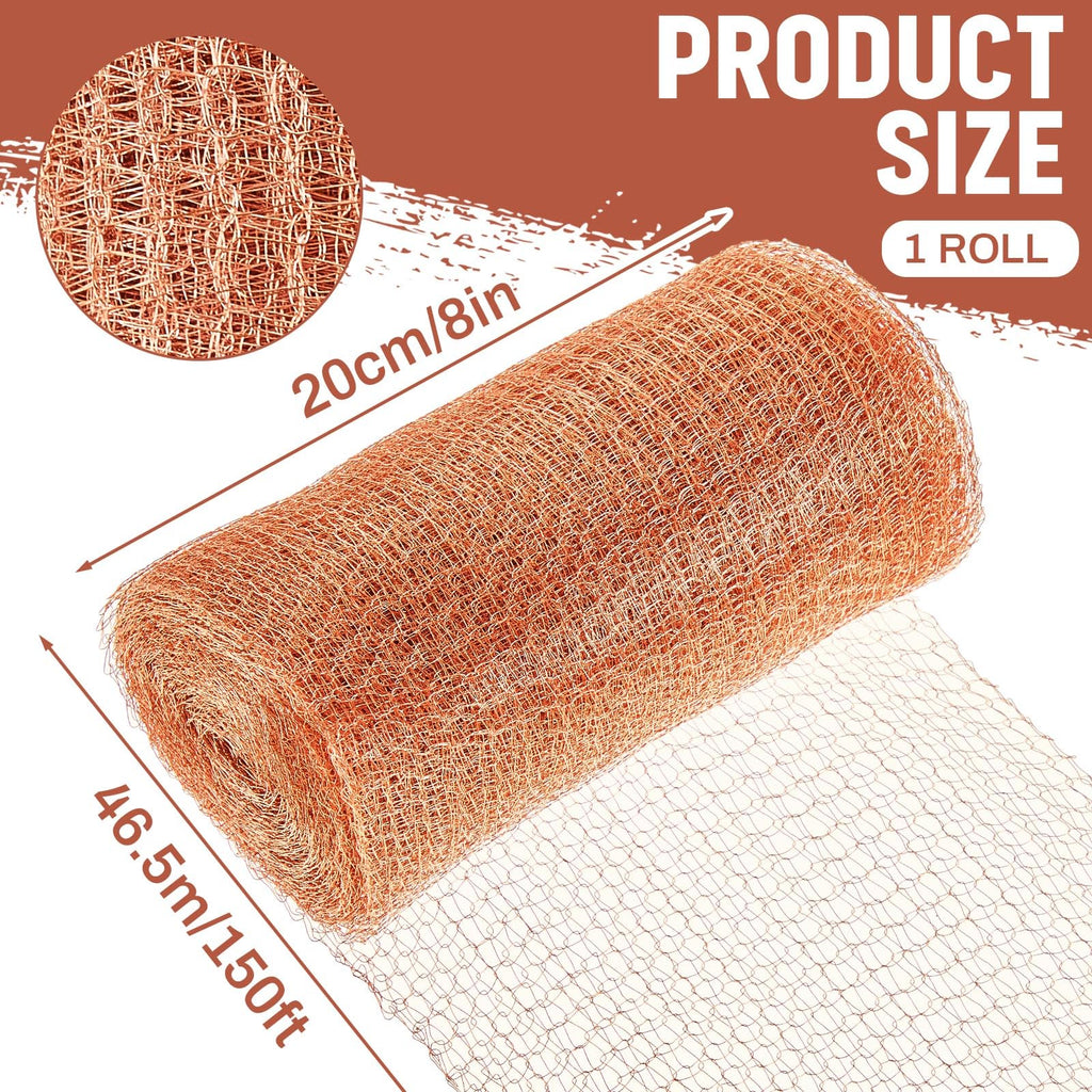 Gisafai 8'' x 150 ft Copper Mesh Rodent Control Copper Wool for Slugs Rustproof DIY Hole Filler Pure Wire Mesh for Bat Snail Bird Pest Rodent Control Gap Blocker Fill Fabric Hole Gardening(1 Roll)