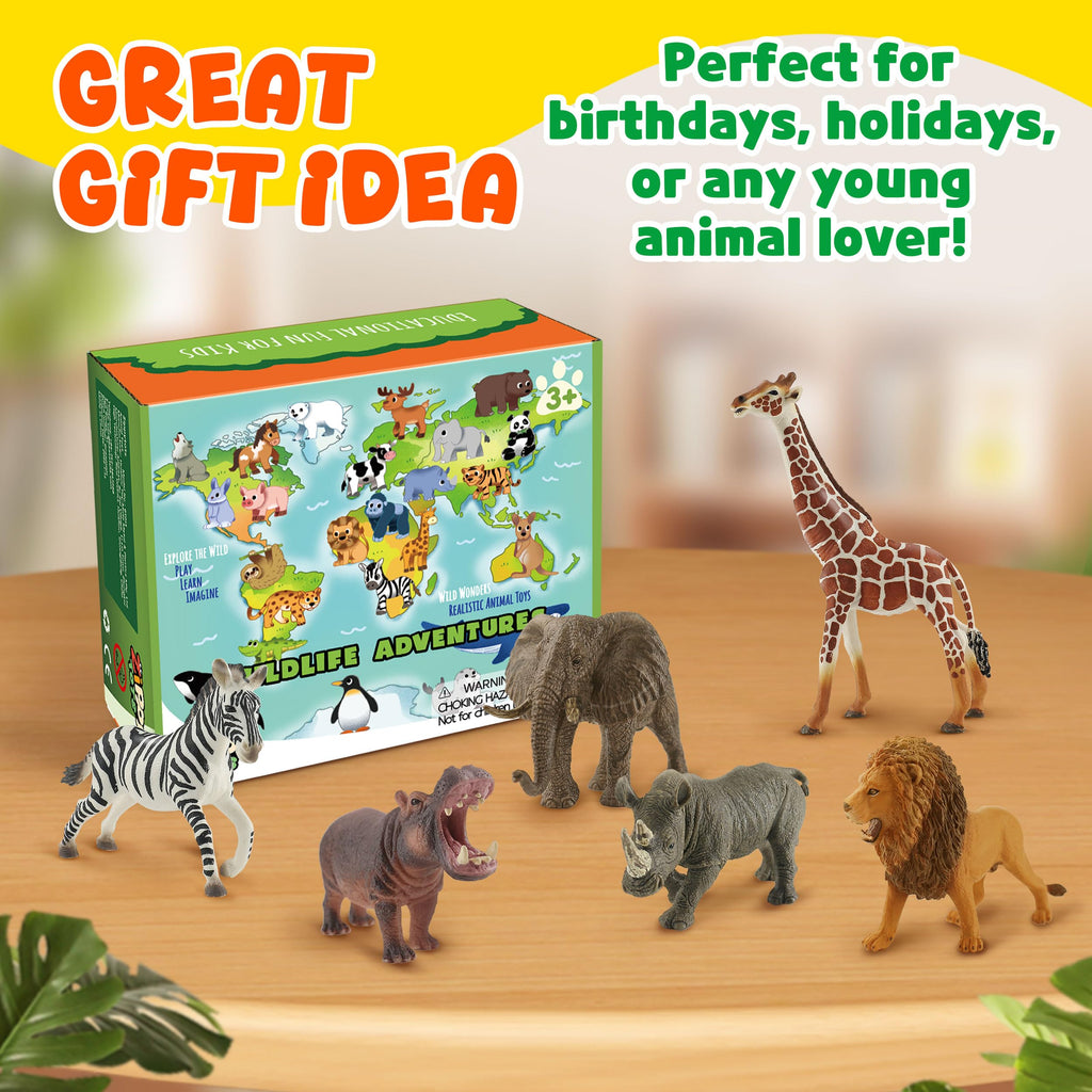 Zippytots 6PCS Safari Animal Figure Toys for Kids 3-5 Realistic Plastic Jungle Animal Figurines African Wildlife Learning Toys for Kids Boys Girls Toddlers
