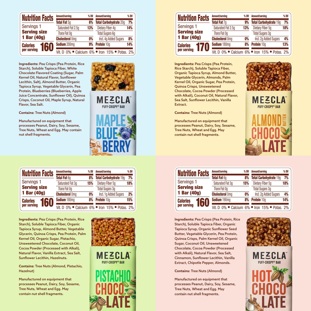 Mezcla Puff-Crispy Plant Based Protein Bars - Variety Pack - Healthy Snacks for Adults & Kids - Granola Bars for School, Travel, & Office Snacks - Gluten Free, Vegan, Non GMO, 10g Protein - 16 Count