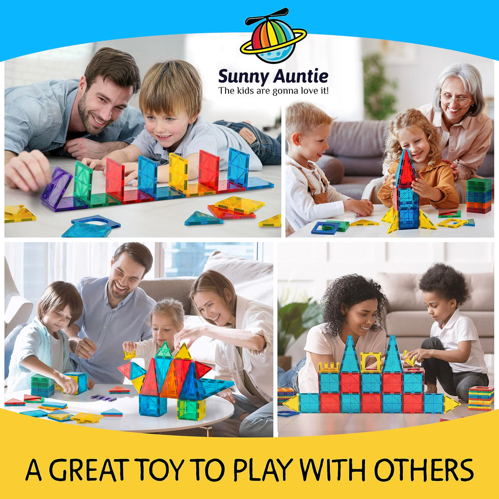 SUNNY AUNTIE Magnetic Tiles 125 PCS+ Bonus Zippered CASE, Kids Toy for 3 4 5 6 7 8 Year Old Boys & Girls, Magnetic Tiles Building Set, Great Gift for Kids Aged 3-8, XL Set