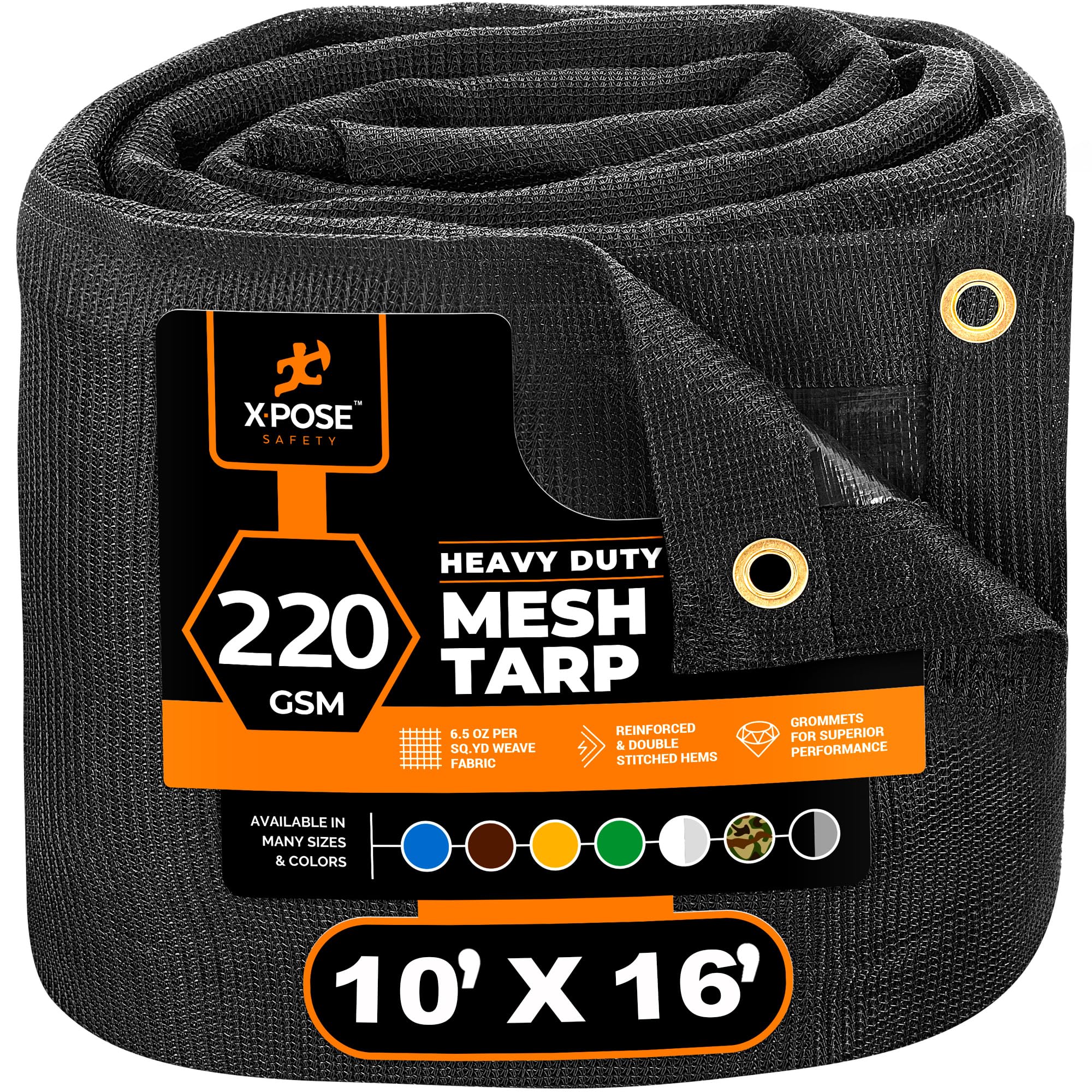 Xpose Safety Heavy Duty Mesh Tarp – 10’ x 16’ Multipurpose Black Protective Cover with Air Flow - Use for Tie Downs, Shade, Fences, Canopies, Dump Trucks – Tear Resistant