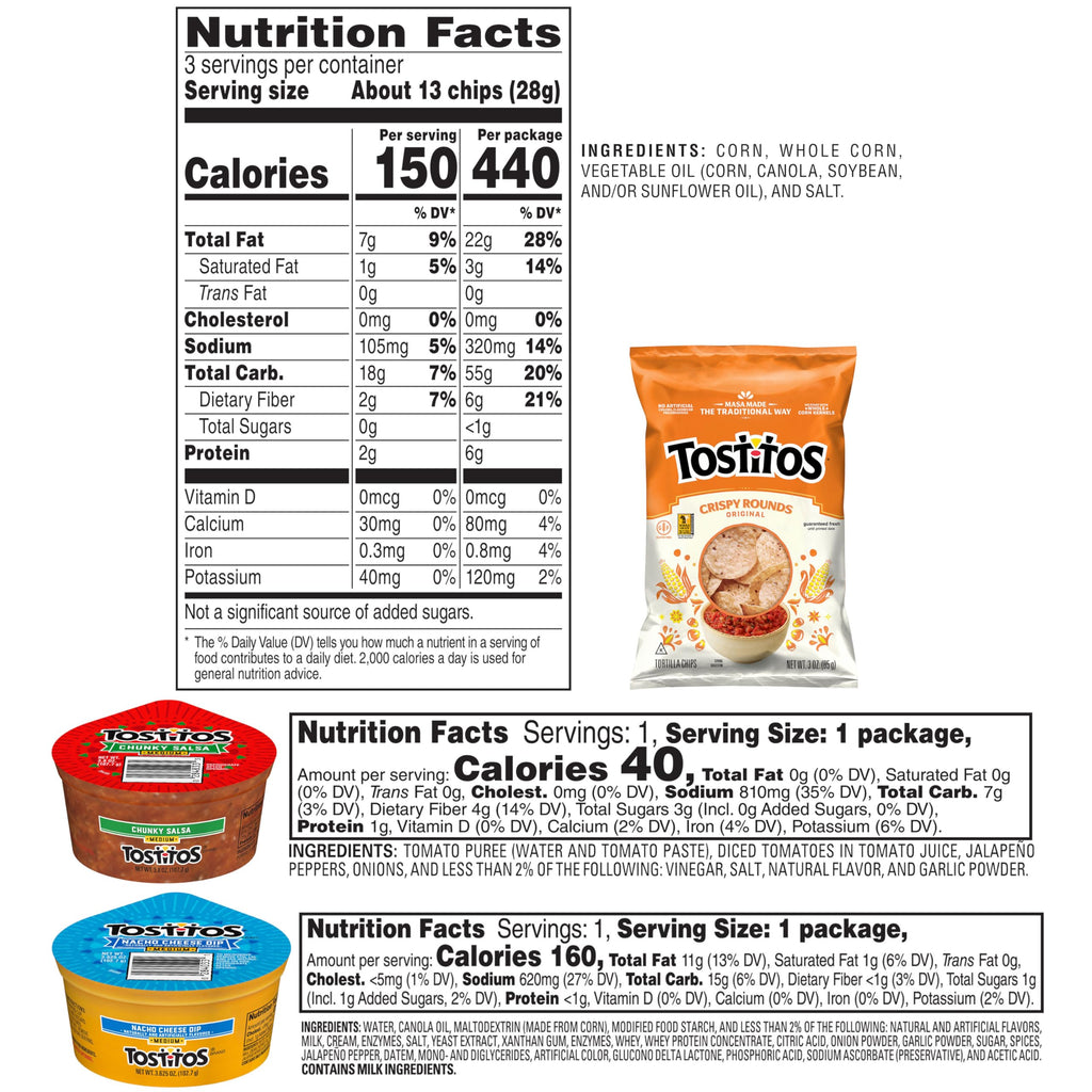 Tostitos Tortilla Chips Chip and Dip Pack, 3 Oz Crispy Rounds and 3.8 Oz Medium Dip, 1 Set