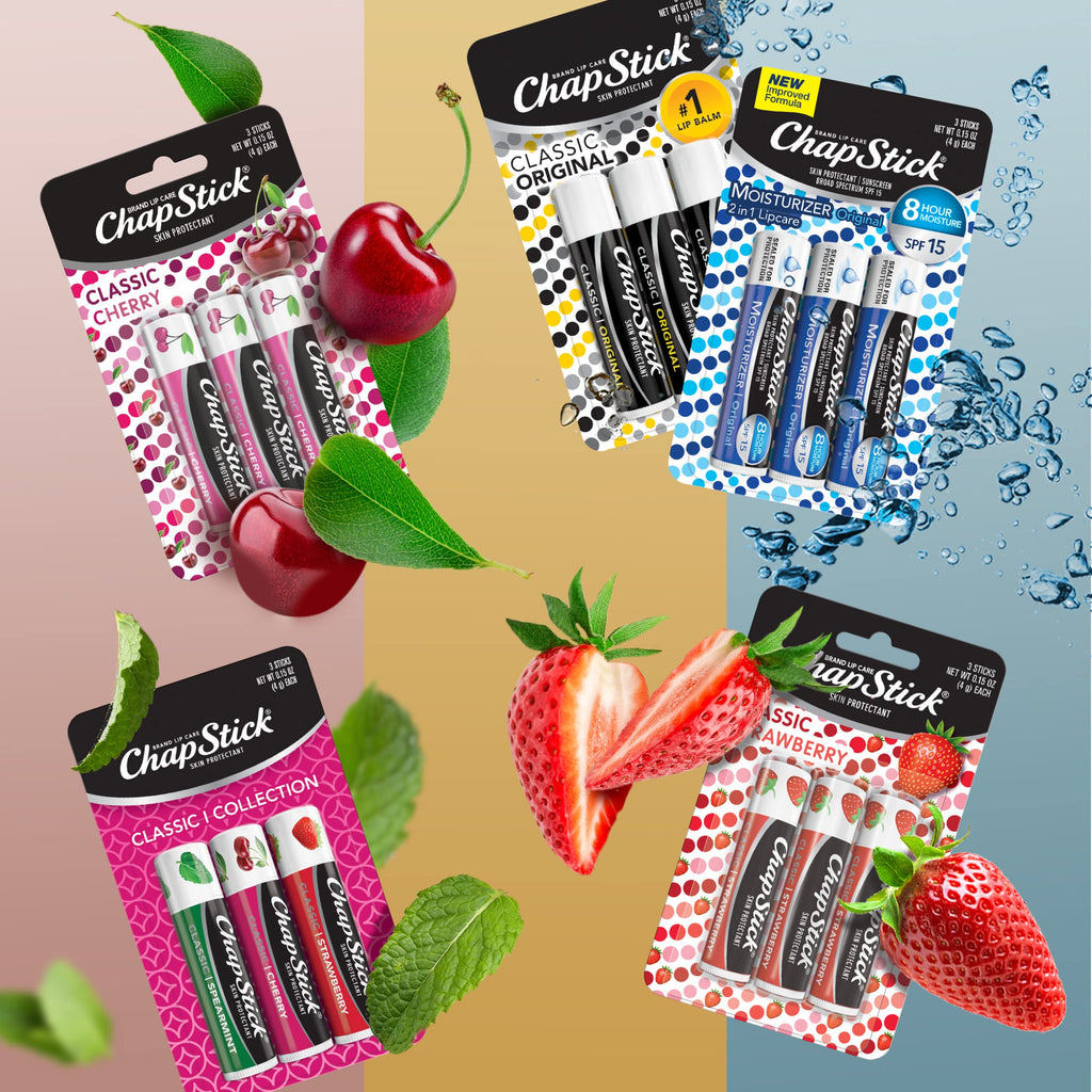 ChapStick Classic Collection Flavored Lip Balm Tubes Pack, Lip Moisturizer - 0.15 Oz (Box of 5 Packs of 3)
