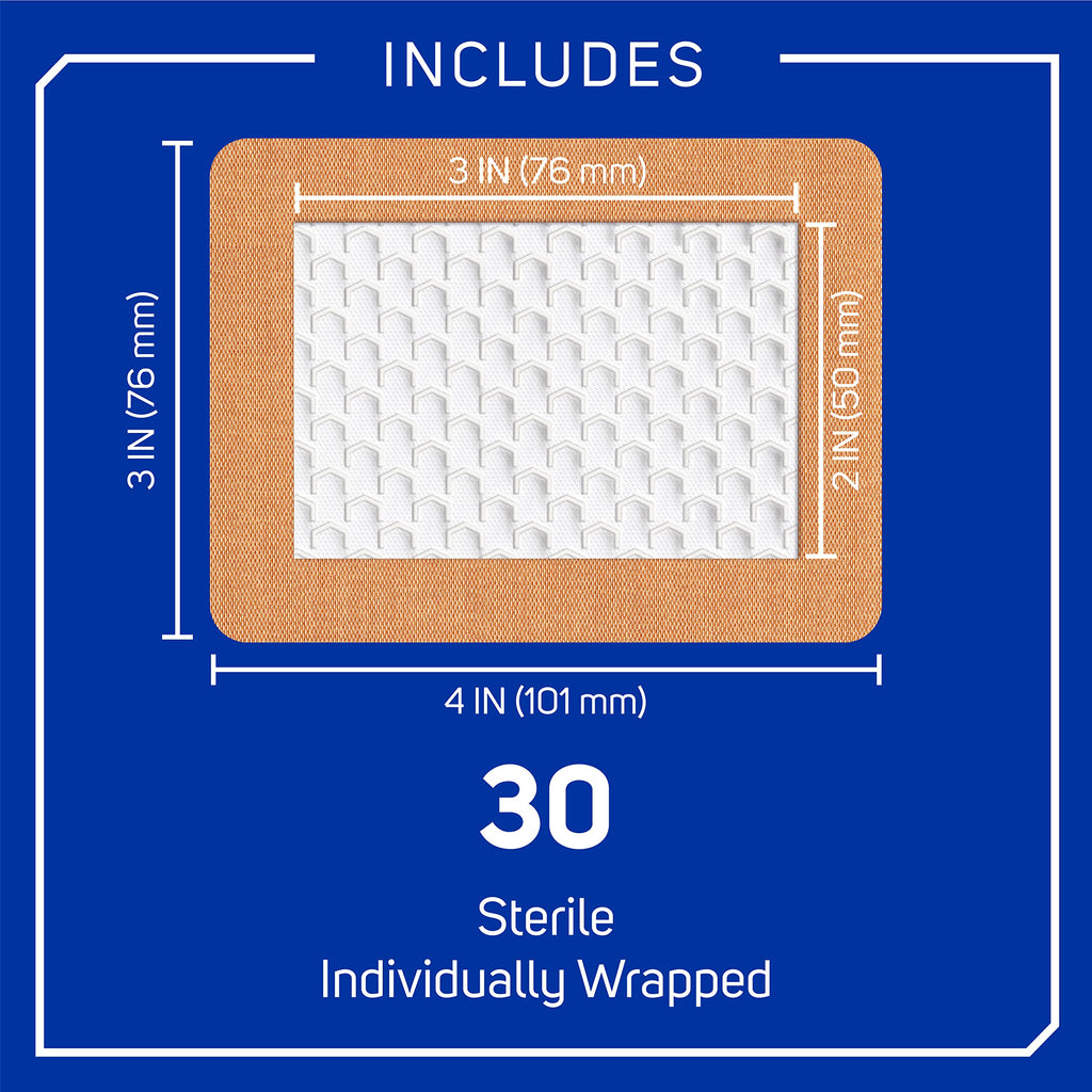 Care Science Fabric Adhesive Pad Bandages, 3x4 inches Extra Large Flexible Non-Stick Strip, Helps Prevent Infection, Breathable Protection, for First Aid & Wound Care, 30 Count