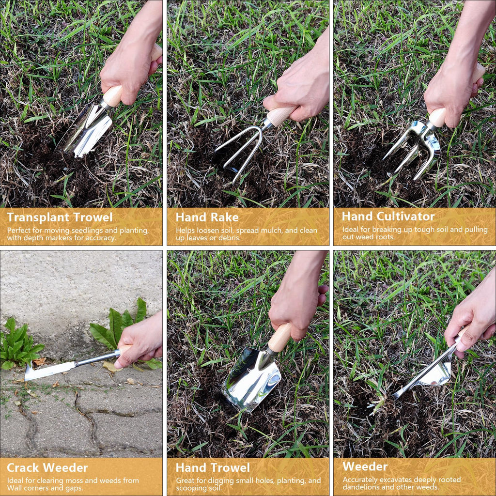DWFKHT Weed Puller Tool, 6 Piece Stainless Steel Heavy Duty Weeding Tool, Weed Puller, Crack Weeder Tool, Weed Remover Tool with Ergonomic Wooden Handle, Gardening Gifts for Women
