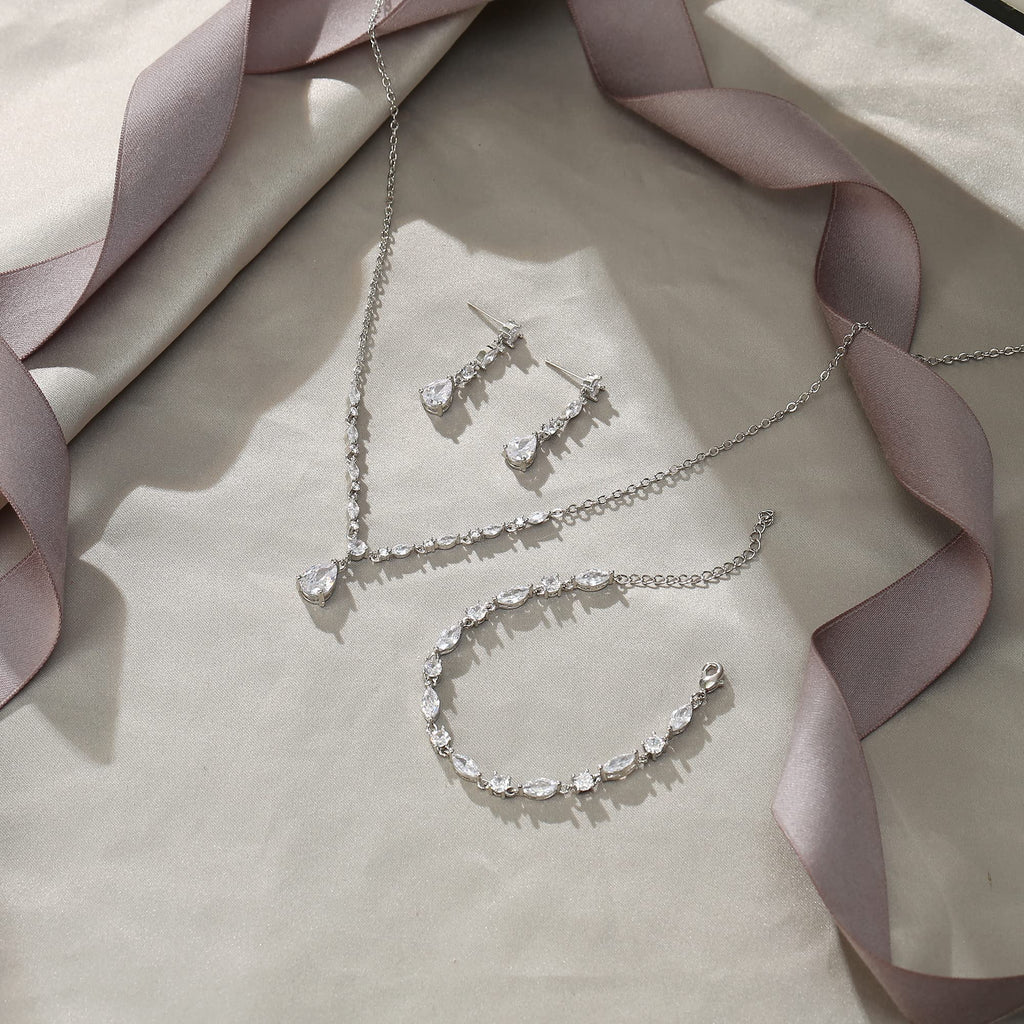 Clear Cubic Zirconia Drop Wedding Jewelry Set for Bride Bridesmaid Silver