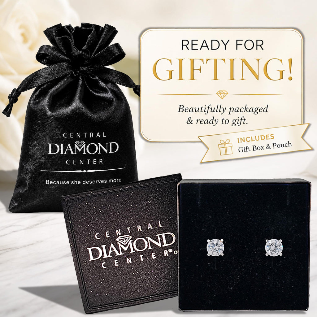 Central Diamond Center 14K Solid Gold Post & Sterling Silver Made with Swarovski 4 Prong CZ Stud Earrings - Platinum Plated - 5.25mm - 1.00cttw