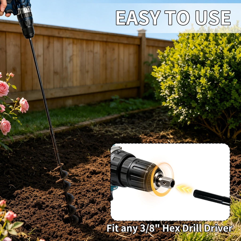 TCBWFY 2x32 Inch Auger Drill Bit for Planting - Long Handle Easy Planter Garden Auger - Bulb & Bedding Plant Augers - Post Hole Digger for 3/8”Hex Drive