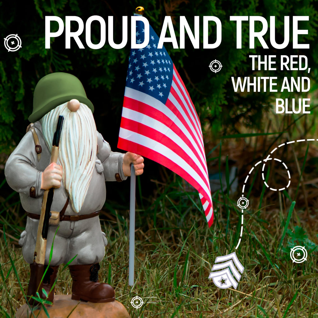 Redwix Patriotic Solar Garden Gnome with American Flag, 11" Resin Armed Garden Gnomes Outdoor Statue, Military Yard Gnome Decor, Gift for 4th of July, Memorial Day, Veterans Day